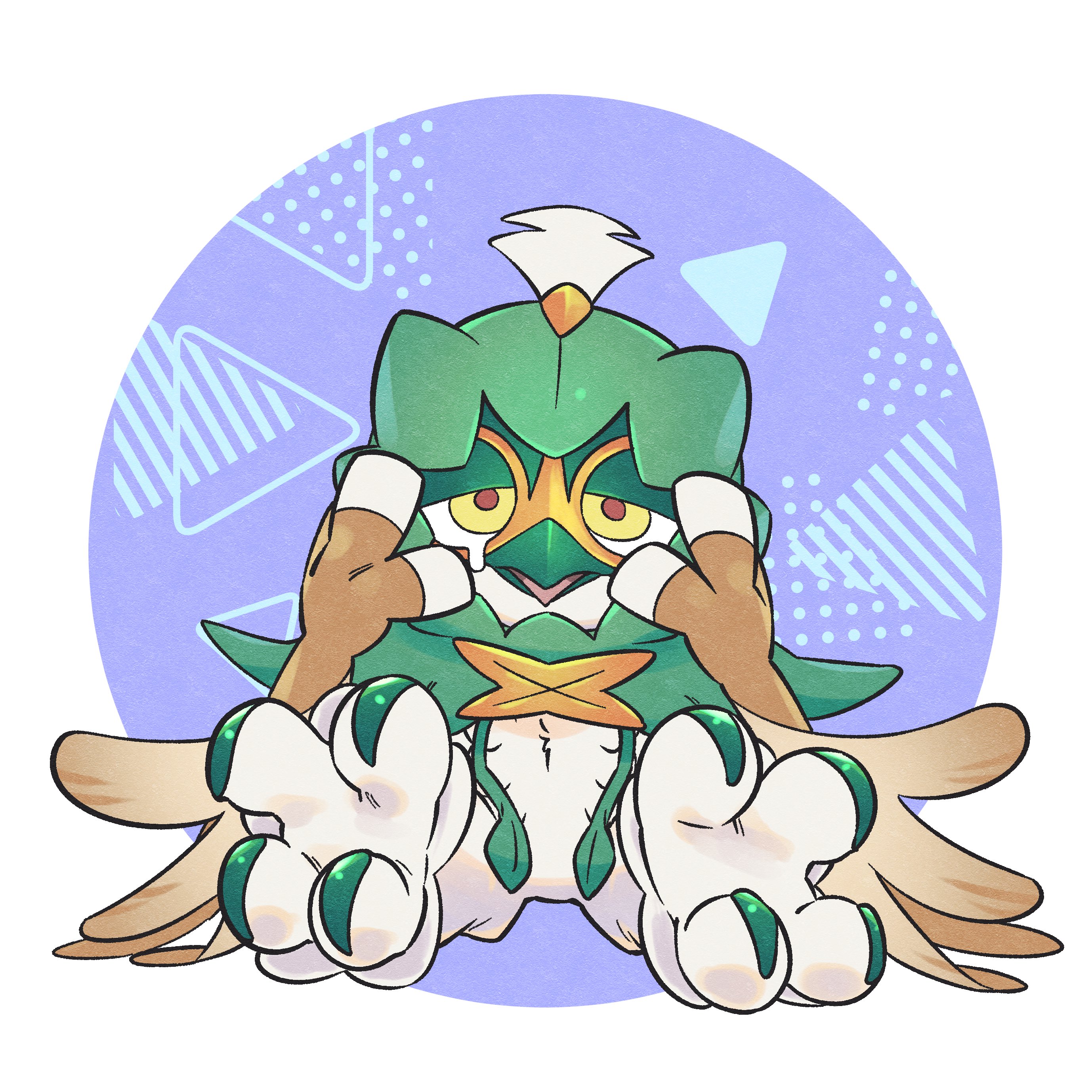 pkpokopoko3, decidueye, nintendo, pokemon, absurdres, commentary request, highres, full body, gen 7 pokemon, hands up, leaning back, looking at viewer, no humans, open mouth, pokemon (creature), pokemon focus, red pupils, sitting, solo, yellow eyes