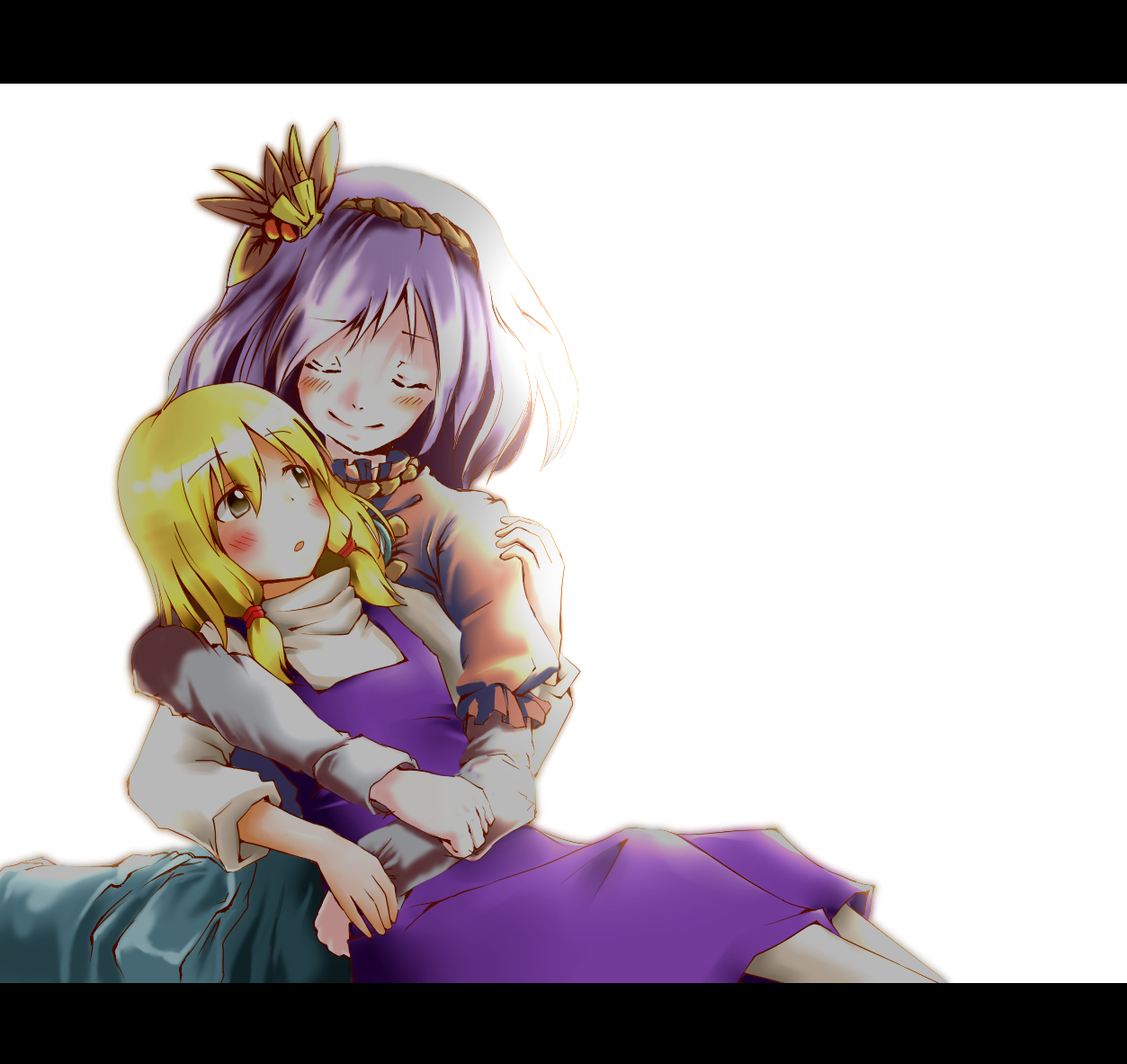 any (artist), any (lucky denver mint), any (pixiv), yae (mono110), moriya suwako, yasaka kanako, touhou, artist collaboration, bad id, bad pixiv id, 2girls, backlighting, blonde hair, blush, closed eyes, female focus, hair ornament, hug, hug from behind, leaf, leaf hair ornament, letterboxed, multiple girls, no headwear, purple hair, ribbon, rope, short hair, yellow eyes, yuri