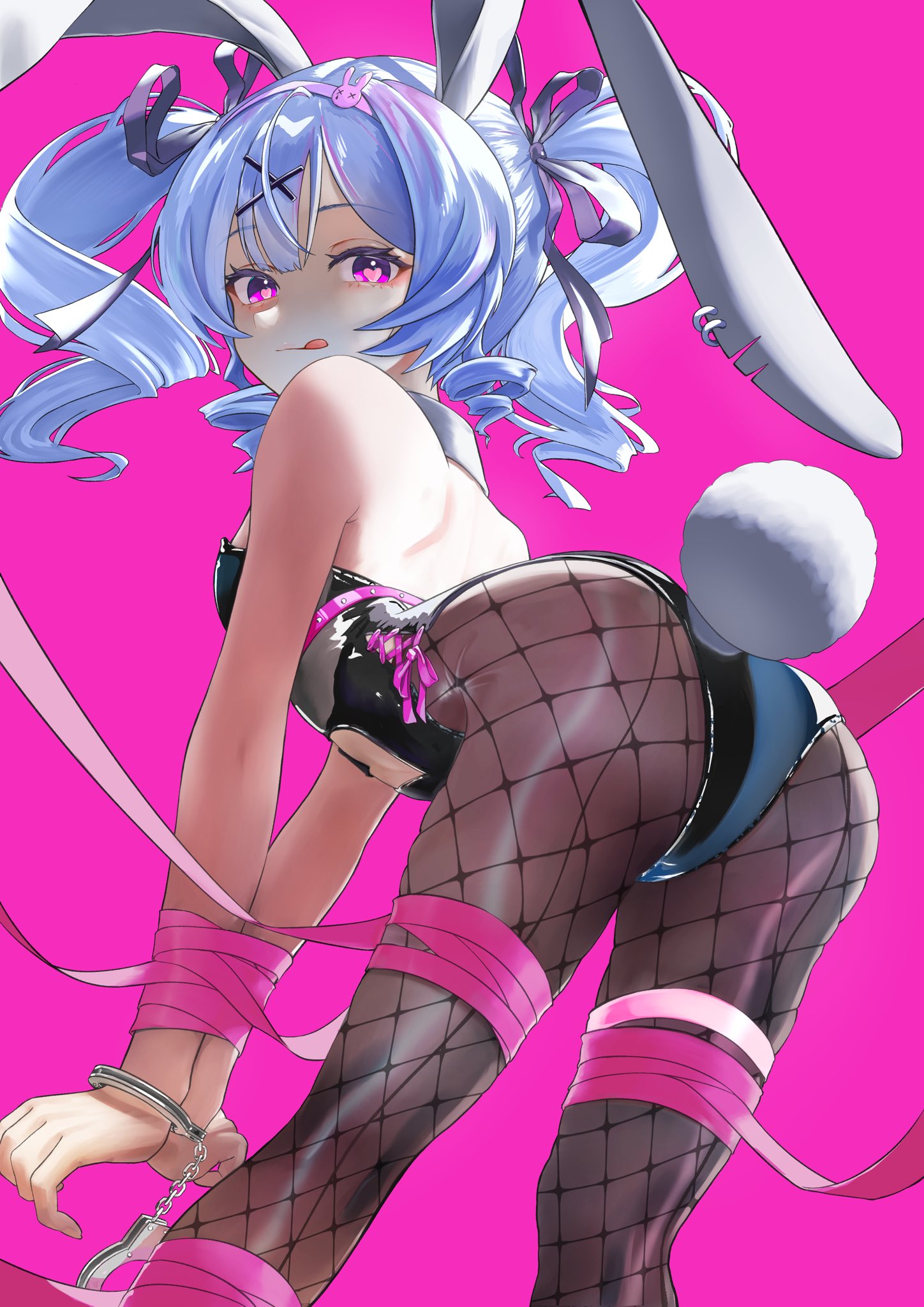 hxk4 n, hatsune miku, rabbit hole (vocaloid), vocaloid, highres, 1girl, animal ears, ass, backless outfit, bare shoulders, bent over, black leotard, blue hair, breasts, closed mouth, clothing cutout, cowboy shot, cuffs, drill hair, fake animal ears, fake tail, fishnet pantyhose, fishnets, from behind, handcuffs, heart, heart-shaped pupils, heart cutout, leotard, looking at viewer, looking back, multicolored hair, pantyhose, pink hair, playboy bunny, purple background, purple eyes, rabbit ears, rabbit tail, simple background, solo, symbol-shaped pupils, tail, tongue, tongue out, twin drills, twintails, two-tone hair