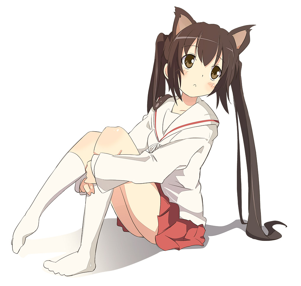 ixy, minami kana, minami-ke, 00s, 1girl, :<, animal ears, brown eyes, brown hair, cat ears, female focus, hugging own legs, kneehighs, long hair, looking back, school uniform, serafuku, sidelocks, simple background, socks, solo, very long hair, white socks