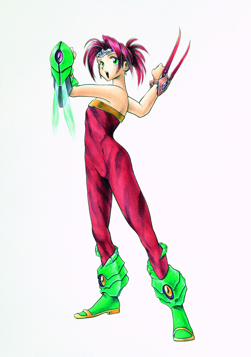 natsumi arisawa, noa (legaia densetsu), terra (legaia densetsu), legaia densetsu, blade, highres, official art, 1girl, :d, armpits, ass, bare shoulders, boots, brooch, child, circlet, claws, female focus, fighting stance, flat chest, gauntlets, green eyes, hair bun, high heels, jewelry, leotard, open mouth, pink hair, ponytail, sandals, shield, shoes, short hair, simple background, smile, solo, standing, unitard, weapon, wings