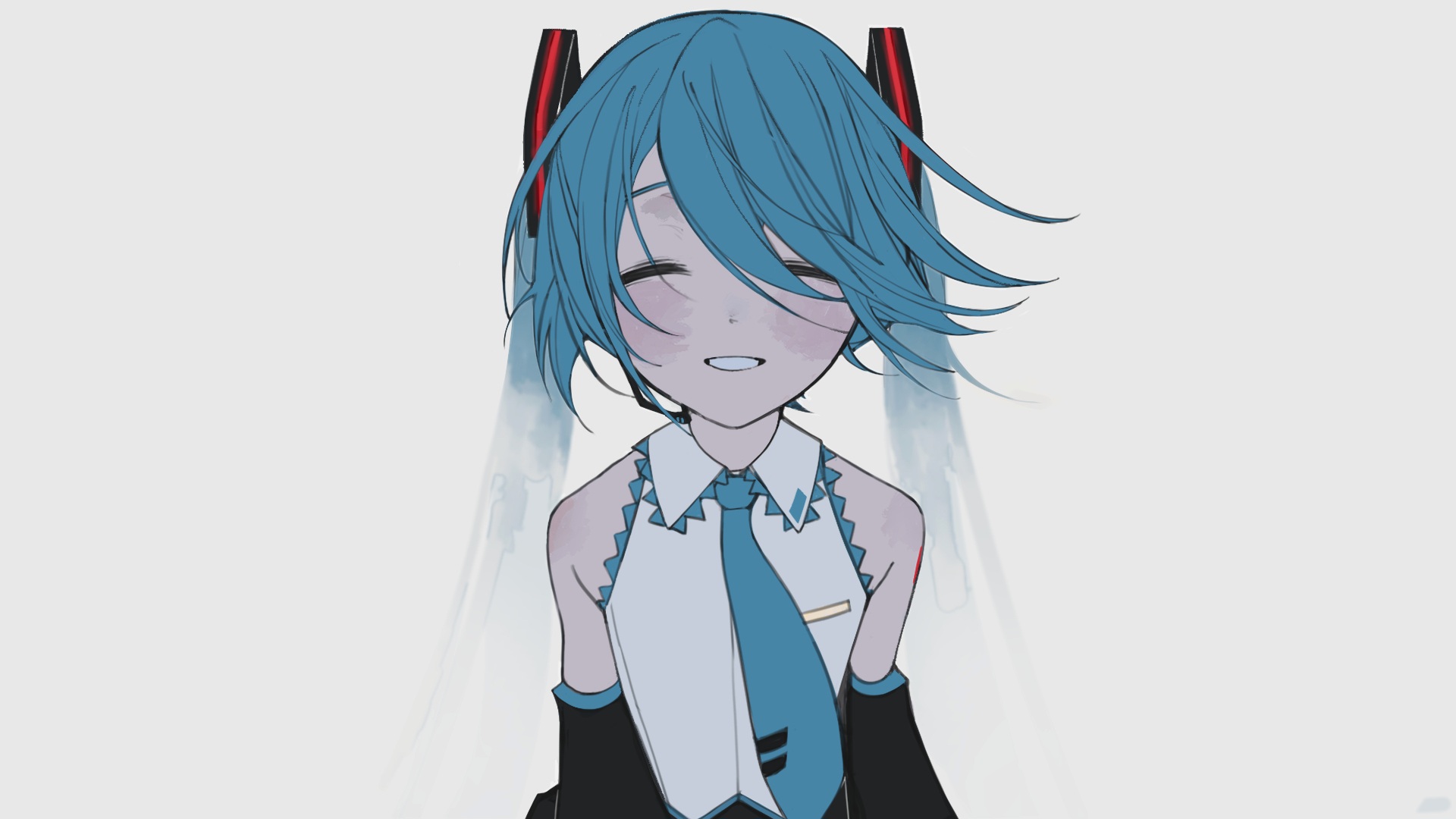 womiriguramu, hatsune miku, vocaloid, commentary request, highres, 1girl, ^ ^, bare shoulders, blue hair, blue necktie, closed eyes, detached sleeves, facing viewer, long hair, necktie, shirt, shoulder tattoo, simple background, smile, solo, tattoo, twintails, white shirt