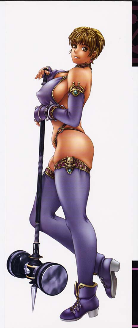 youhei kozou, phaia, spunky knight, non-web source, 1girl, armor, bikini armor, blonde hair, boots, breasts, earrings, elbow gloves, fantasy, female focus, fingerless gloves, gloves, hammer, jewelry, jolly roger, large breasts, looking at viewer, oversized object, revealing clothes, short hair, sideboob, simple background, skull and crossed swords, solo, thighhighs, weapon, white background