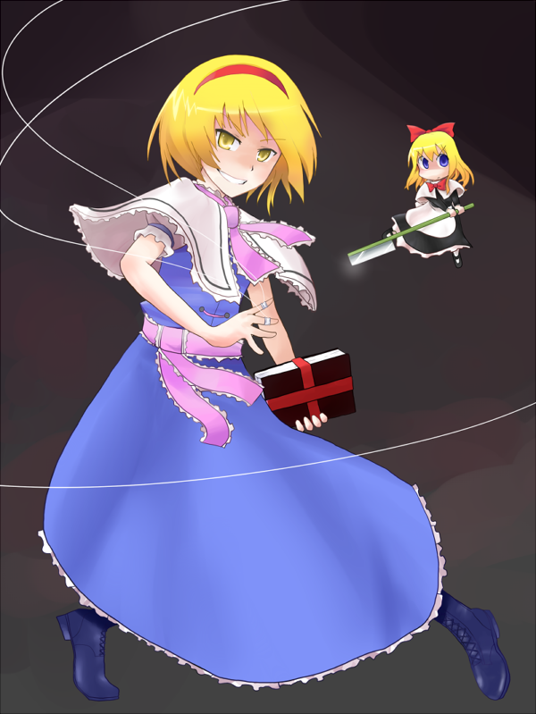 kari (karinimooreha), alice margatroid, shanghai doll, touhou, 1girl, apron, black dress, blonde hair, blue dress, blue eyes, capelet, doll, dress, female focus, flying, looking at viewer, razor, short hair, size difference, solo, string, waist apron