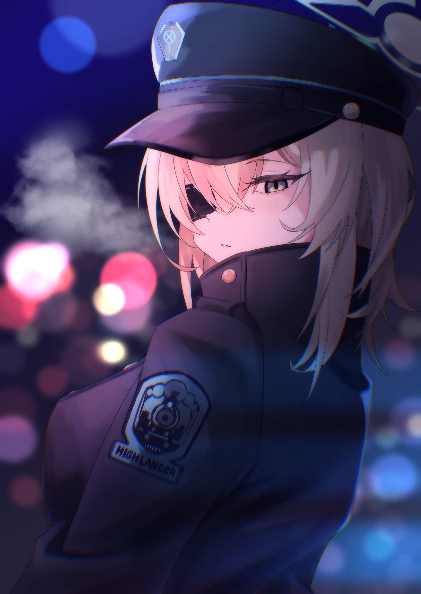 takamalu08 12, suou (blue archive), blue archive, highres, 1girl, blonde hair, blue coat, breasts, coat, eyepatch, grey eyes, hat, large breasts, looking at viewer, looking back, medium hair, military hat, one eye covered, solo