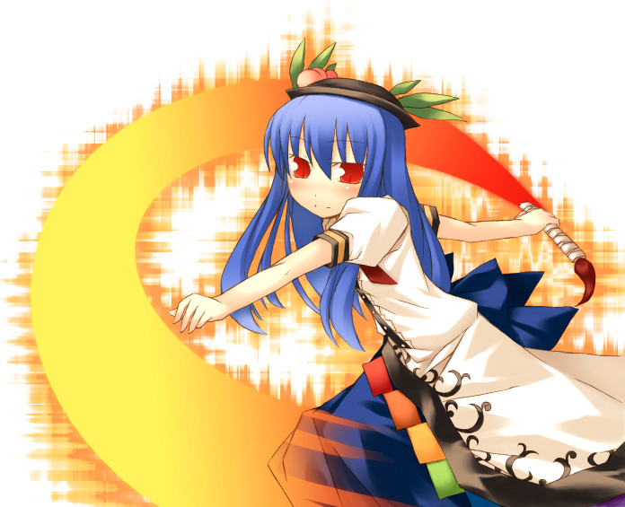 nu (plastic eraser), hinanawi tenshi, touhou, 1girl, blue hair, female focus, food, fruit, hat, leaf, peach, red eyes, solo, sword, sword of hisou, weapon