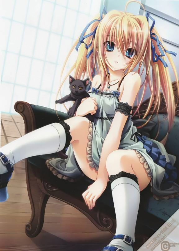 miyama-zero, original, 1girl, blonde hair, blue eyes, cat, female focus, gothic lolita, lolita fashion, long hair, ribbon, solo, twintails