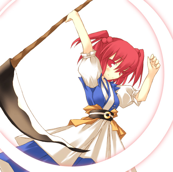 nu (plastic eraser), onozuka komachi, touhou, 1girl, female focus, red eyes, red hair, scythe, short hair, solo, standing, twintails, two side up, white background