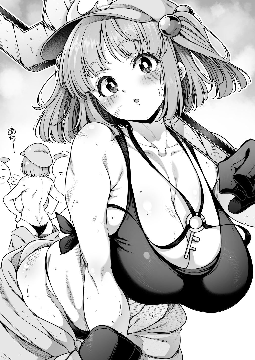 shirokuma (nankyoku), kawashiro nitori, touhou, commentary request, highres, 1girl, alternate breast size (larger), blush, breasts, cleavage, collarbone, gloves, greyscale, hair bobbles, hair ornament, hat, huge breasts, jewelry, key, key necklace, looking at viewer, monochrome, necklace, short hair, sweat, topless female