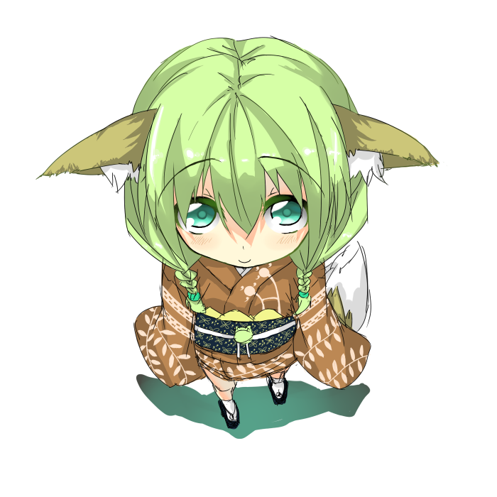 shingetsu takehito, ghetsis (pokemon), saitou kon, nintendo, original, pokemon, 1girl, animal ears, blush, female focus, fox ears, green eyes, japanese clothes, kimono, long sleeves, looking at viewer, obi, sash, short hair, solo, tareme