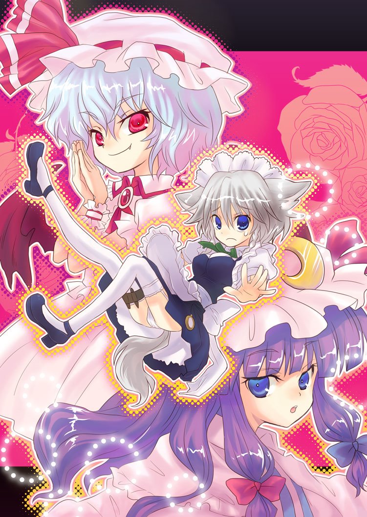 girotin ginza, inu sakuya (nejikirio), izayoi sakuya, patchouli knowledge, remilia scarlet, touhou, textless version, 3girls, animal ears, dog ears, female focus, hat, kemonomimi mode, mob cap, multiple girls, thighhighs