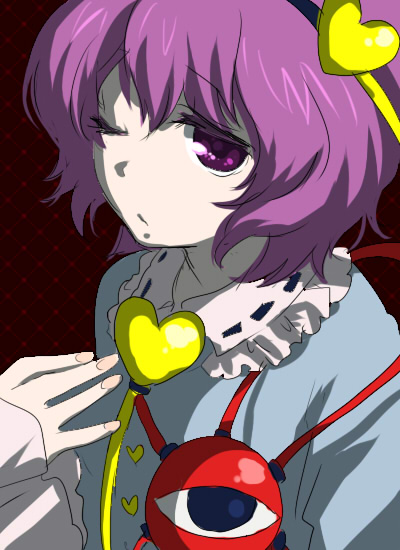 machiko (beard), komeiji satori, touhou, 1girl, ;), blush, collar, female focus, frills, hair ornament, hairband, headband, heart, heart hair ornament, long sleeves, looking at viewer, one eye closed, pink eyes, pink hair, purple eyes, purple hair, smile, solo, string, third eye, upper body