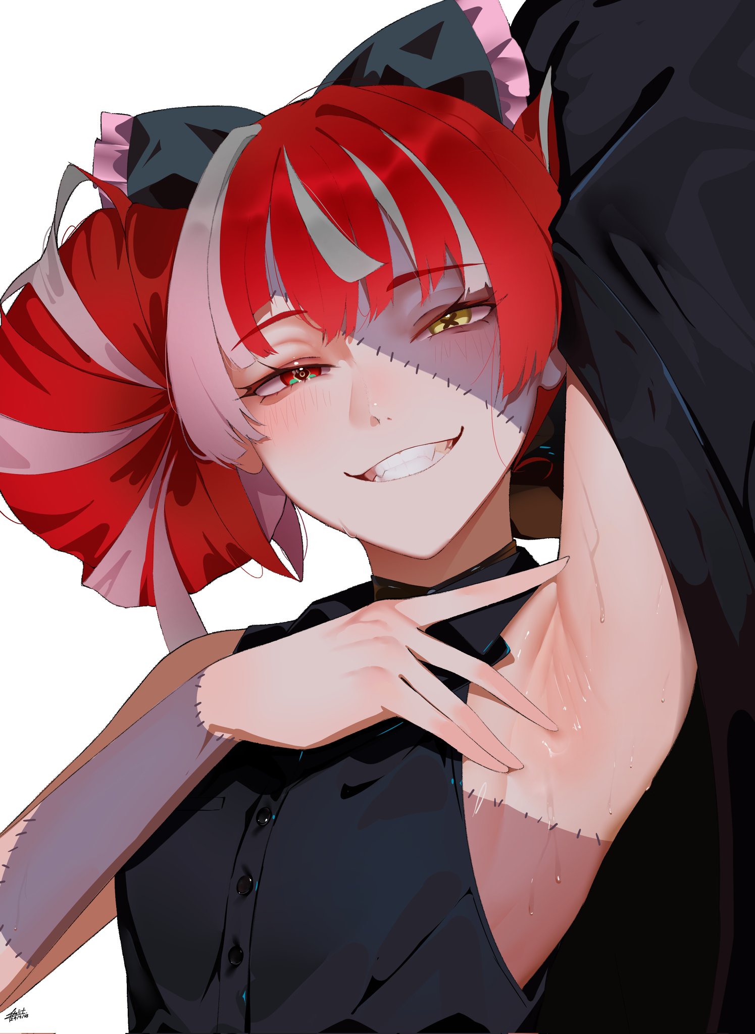 aou13093, kureiji ollie, hololive, hololive indonesia, commentary, commission, corrupted twitter file, english commentary, highres, second-party source, 1girl, arm up, armpit focus, armpits, bare shoulders, black jacket, black shirt, blush, bow, colored skin, dated, double bun, flat chest, grey hair, grey skin, grin, hair bow, hair bun, heterochromia, jacket, long hair, looking at viewer, multicolored hair, multicolored skin, patchwork skin, red eyes, red hair, shirt, signature, simple background, sleeveless, sleeveless shirt, smile, solo, spread armpit, stitched arm, stitched face, stitched torso, stitches, sweat, symbol-shaped pupils, two-tone skin, upper body, virtual youtuber, white background, x-shaped pupils, yellow eyes, zombie