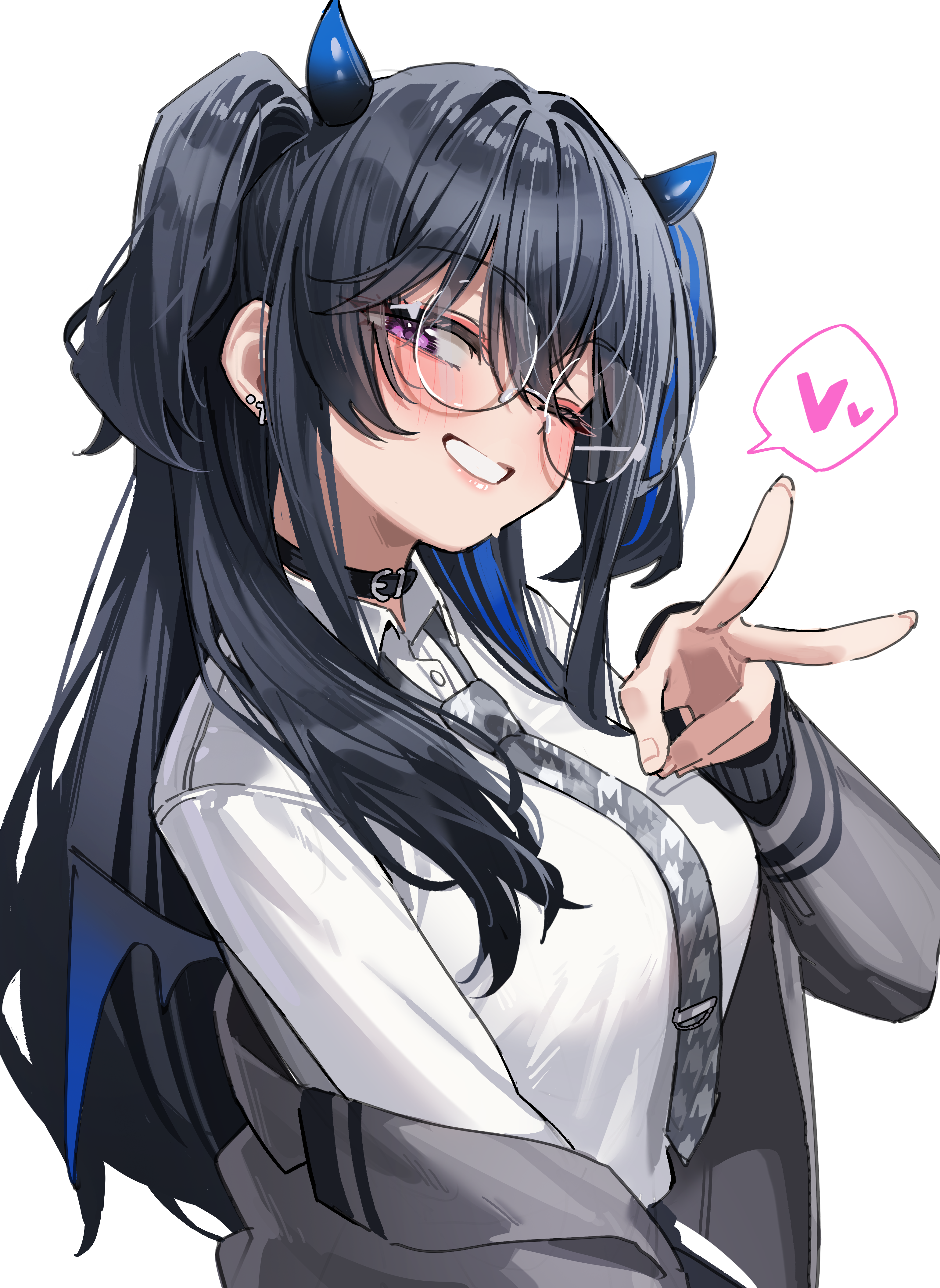 green tea (matchaistasty), ichinose uruha, ichinose uruha (6th costume), vspo!, absurdres, highres, 1girl, black hair, black horns, blush, breasts, coat, demon girl, demon horns, demon wings, ear piercing, glasses, gradient horns, grey coat, grey necktie, hair intakes, heart, horns, large breasts, long hair, long sleeves, looking at viewer, multicolored horns, necktie, official alternate costume, official alternate hairstyle, one eye closed, piercing, purple eyes, purple horns, purple streaks, round eyewear, semi-rimless eyewear, shirt, simple background, single off shoulder, smile, solo, spoken heart, sweat, tie clip, two-tone horns, upper body, v, white background, white shirt, wings