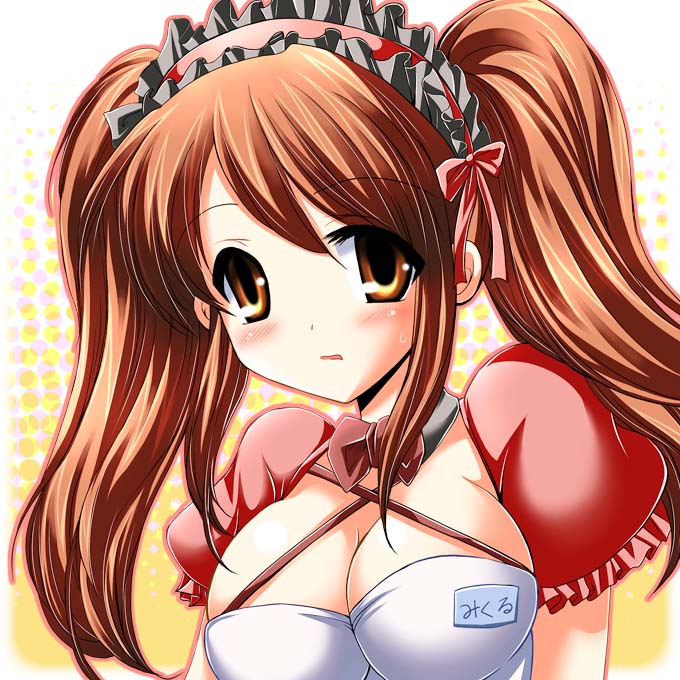 tamagawa yukimaru, asahina mikuru, suzumiya haruhi no yuuutsu, 00s, 1girl, blush, breasts, brown eyes, brown hair, cleavage, female focus, large breasts, official alternate hairstyle, solo, tears, twintails, waitress