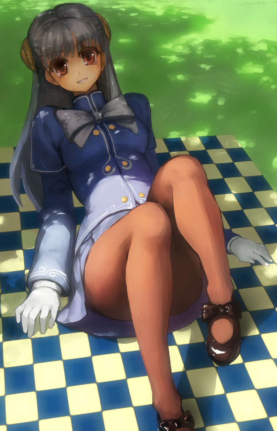 bob (biyonbiyon), ingrid (capcom), capcom, capcom fighting jam, highres, 1girl, blush, breasts, bun cover, checkered floor, double bun, dress, female focus, floor, gloves, hairpods, legs, long hair, lying, mary janes, miniskirt, outdoors, panties, panties under pantyhose, pantyhose, pantyshot, red eyes, ribbon, shade, shirt, shoes, skirt, smile, solo, underwear, white hair