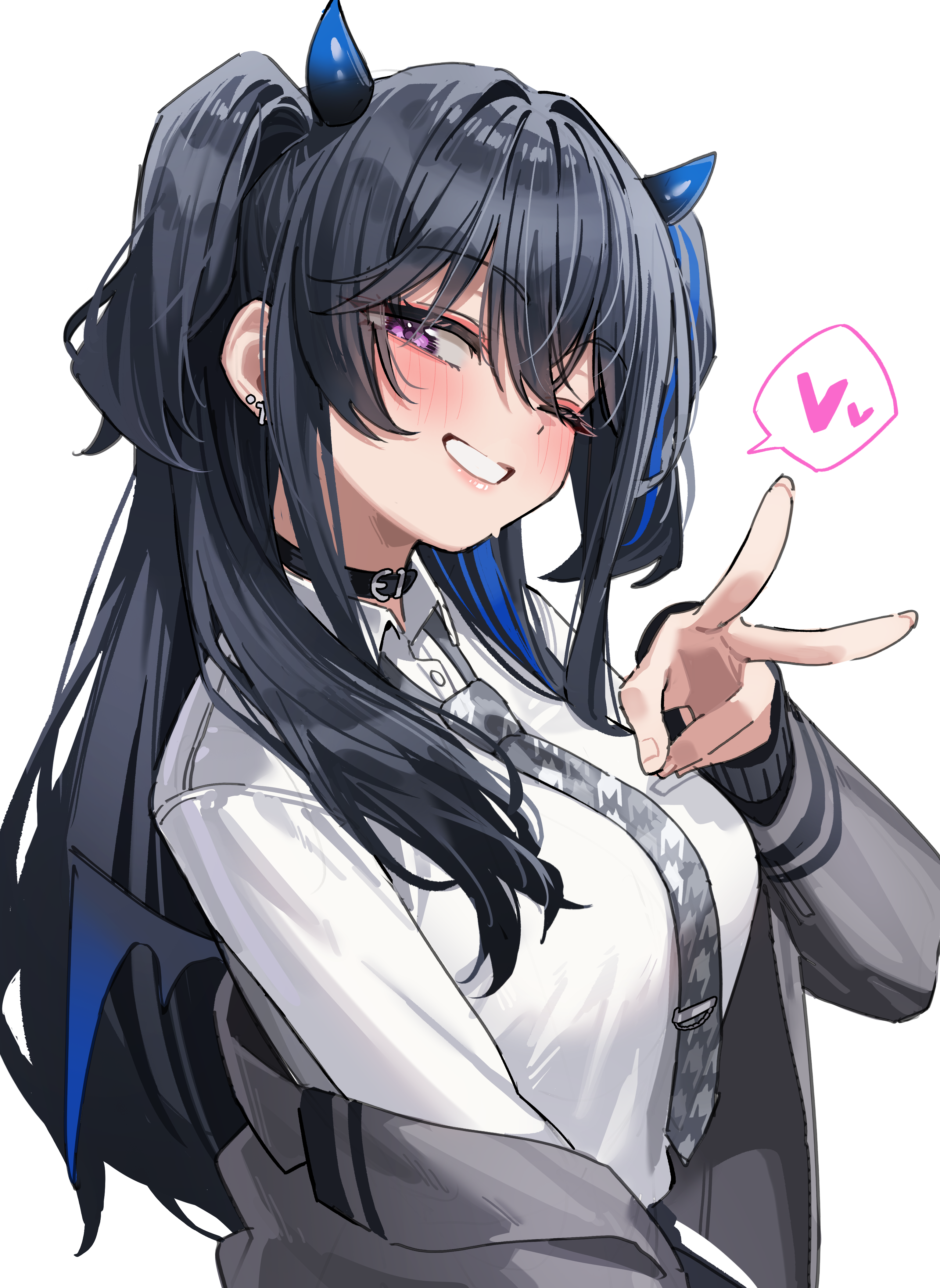 green tea (matchaistasty), ichinose uruha, ichinose uruha (6th costume), vspo!, absurdres, highres, 1girl, black hair, black horns, blush, breasts, coat, demon girl, demon horns, demon wings, ear piercing, gradient horns, grey coat, grey necktie, hair intakes, heart, horns, large breasts, long hair, long sleeves, looking at viewer, multicolored horns, necktie, no eyewear, official alternate costume, official alternate hairstyle, one eye closed, piercing, purple eyes, purple horns, purple streaks, shirt, simple background, single off shoulder, smile, solo, spoken heart, sweat, tie clip, two-tone horns, upper body, v, white background, white shirt, wings