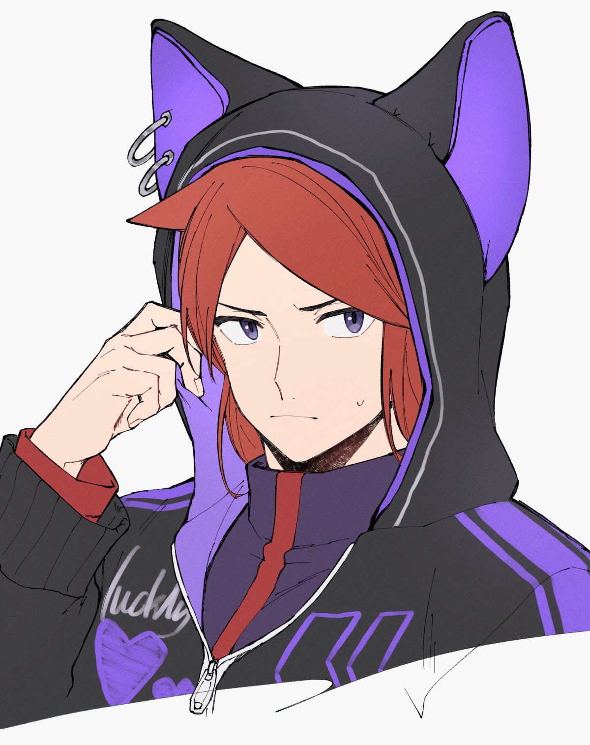 mocollie, silver (pokemon), nintendo, pokemon, pokemon hgss, commentary request, highres, 1boy, animal ears, closed mouth, cowlick, fake animal ears, hand up, hood, hood up, jacket, long sleeves, male focus, parted bangs, red hair, solo, sweatdrop, turtleneck, turtleneck jacket, upper body, zipper pull tab