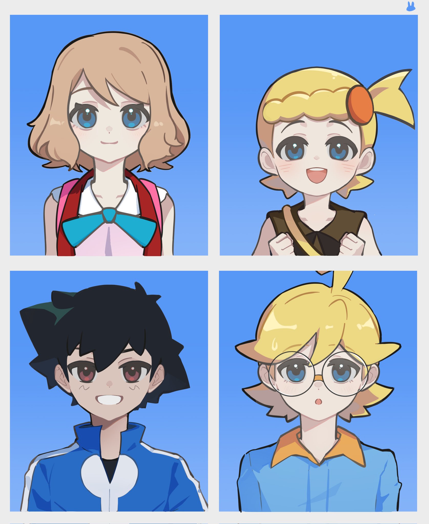 podayo po, ash ketchum, bonnie (pokemon), clemont (pokemon), serena (pokemon), nintendo, pokemon, pokemon (anime), pokemon xy (anime), commentary request, highres, 2boys, 2girls, :d, :o, black hair, blonde hair, blue eyes, blue jacket, blue jumpsuit, brown eyes, brown shirt, closed mouth, collarbone, collared jumpsuit, dress, glasses, grin, hair ornament, jacket, jumpsuit, looking at viewer, multiple boys, multiple girls, neck ribbon, open clothes, open mouth, open vest, pink dress, red vest, ribbon, round eyewear, shirt, short hair, smile, teeth, upper teeth only, vest