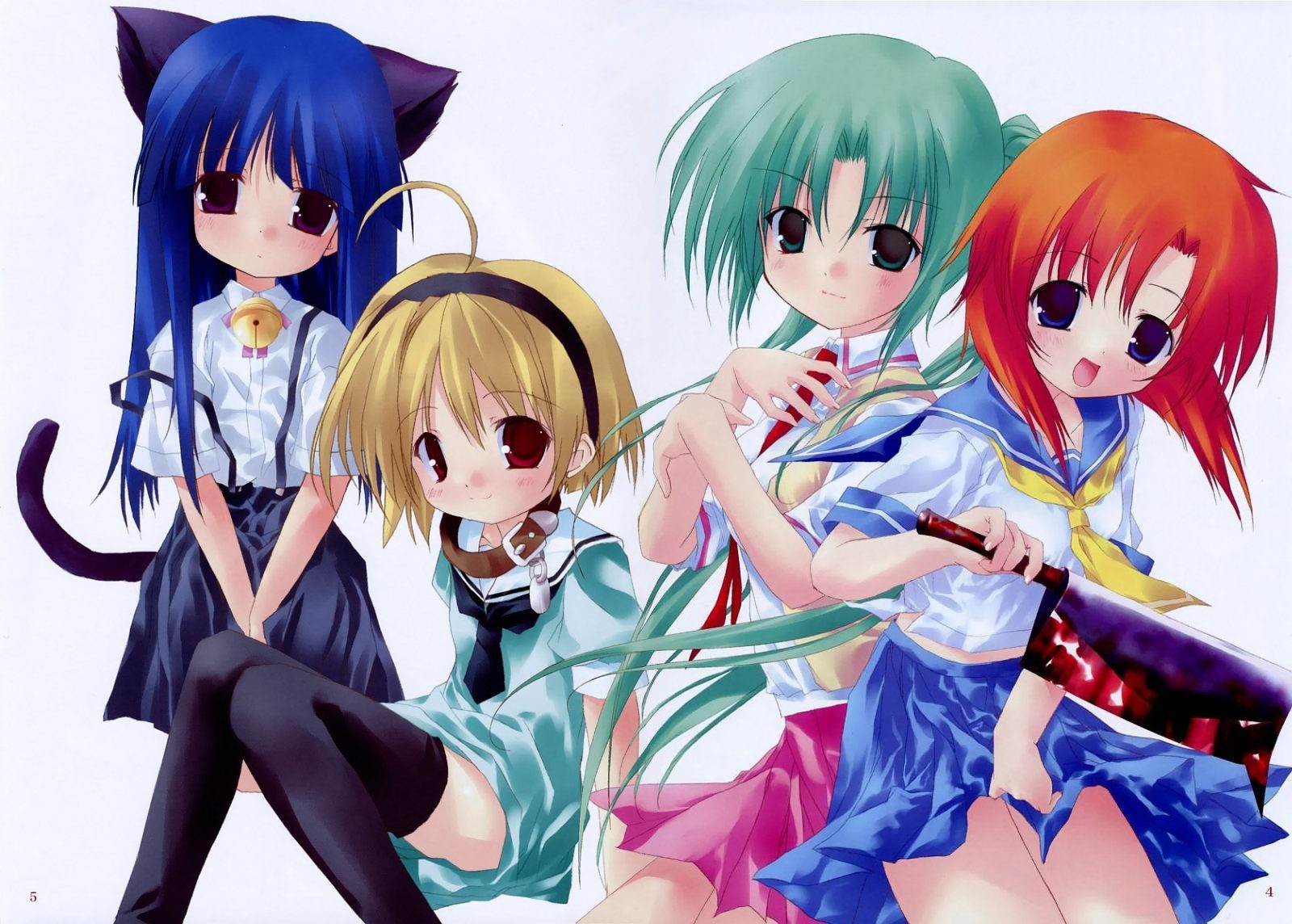 furude rika, houjou satoko, ryuuguu rena, sonozaki mion, higurashi no naku koro ni, highres, jpeg artifacts, 00s, 4girls, animal ears, billhook, blonde hair, blue eyes, blue hair, cat ears, cat tail, collar, dress, green eyes, green hair, green skirt, hairband, hashitsuki nata, hatchet, long hair, multiple girls, nata (tool), orange hair, ponytail, purple eyes, red eyes, sailor dress, school uniform, serafuku, short hair, skirt, suspender skirt, suspenders, tail, thighhighs, zettai ryouiki