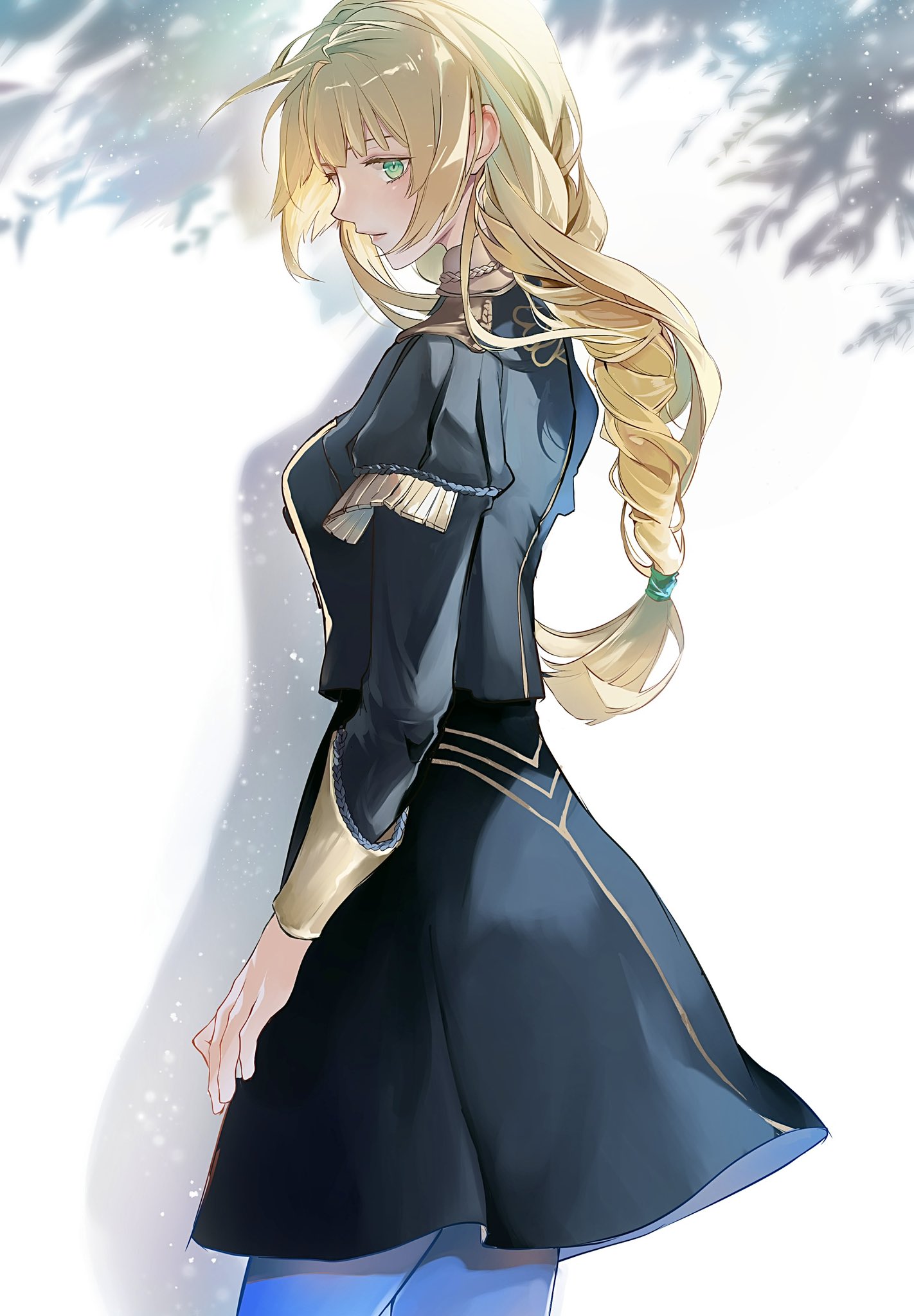 zat 296, ingrid brandl galatea, fire emblem, fire emblem: three houses, nintendo, highres, 1girl, black jacket, black shirt, blonde hair, blue pantyhose, blunt bangs, braid, breasts, garreg mach monastery uniform, green eyes, jacket, juliet sleeves, leaf, long sleeves, looking at viewer, medium breasts, pantyhose, puffy sleeves, shirt, sideboob, sidelocks, solo