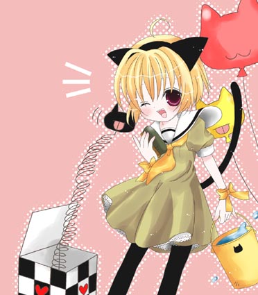 houjou satoko, higurashi no naku koro ni, lowres, 00s, animal ears, balloon, blonde hair, bucket, bucket of water, cat, cat ears, dress, hairband, jack-in-the-box, one eye closed, pantyhose, red eyes, sailor dress, short hair, solo, wink