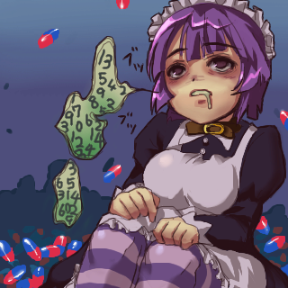 yakui, futaba channel, nijiura maids, lowres, 1girl, counting, drugged, drugs, female focus, maid, pantyhose, pill, purple eyes, purple hair, saliva, short hair, solo, striped clothes, striped pantyhose