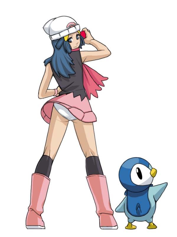 dawn (pokemon), piplup, nintendo, pokemon, 1girl, beanie, blue hair, boots, gen 4 pokemon, hat, holding, holding poke ball, kneepits, legs, looking back, panties, pantyshot, pink boots, poke ball, pokemon (creature), underwear, upskirt