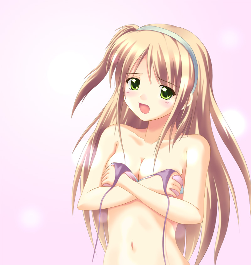 koni, nonosaki akiho, moshimo ashita ga hare naraba, breast hold, 1girl, bikini, bikini top only, blonde hair, blush, breasts, breasts squeezed together, cleavage, embarrassed, female focus, green eyes, hairband, long hair, one side up, open mouth, purple bikini, solo, swimsuit, topless female