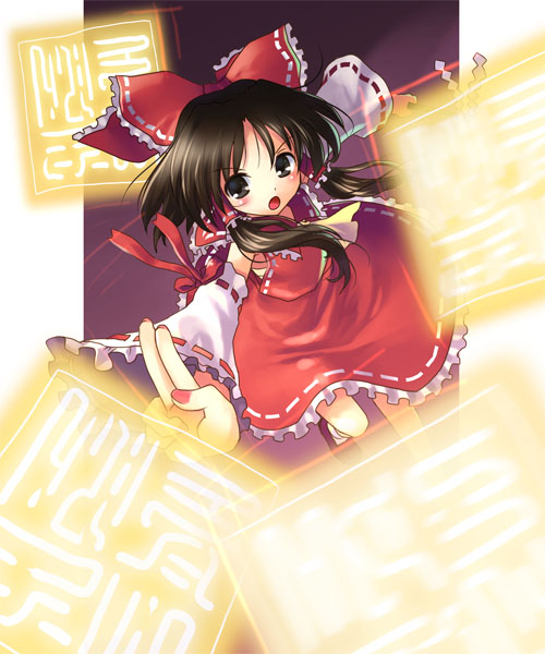katahira masashi, hakurei reimu, touhou, 1girl, brown eyes, brown hair, detached sleeves, female focus, gradient background, japanese clothes, long hair, miko, solo