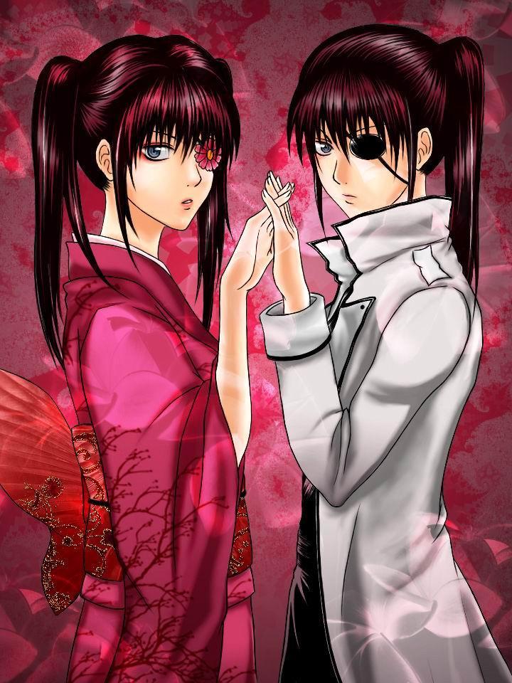 yagyuu kyuubei, gintama, 00s, 2girls, blue eyes, coat, eyepatch, flower, holding hands, japanese clothes, multiple girls, twintails