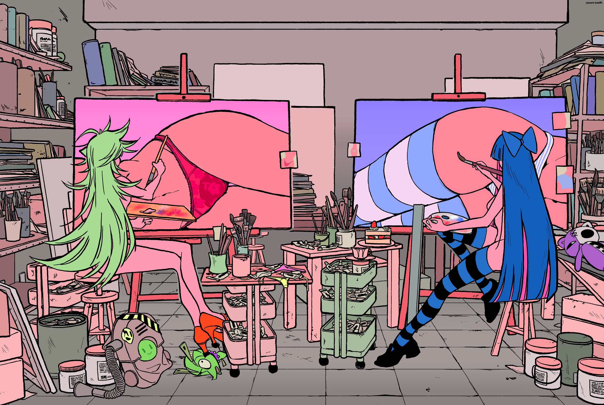 jenny kaori, chuck (psg), honekoneko (psg), panty (psg), stocking (psg), panty & stocking with garterbelt, trigger (company), highres, official art, ahoge, animal collar, art brush, art studio, backpack, bag, binder, black shoes, black thighhighs, blonde hair, blue bow, blue hair, blunt bangs, blunt ends, bow, breasts, cake, canvas (object), collar, colored inner hair, completely nude, crossed legs, cup, dog, dress shoes, easel, flat color, food, fruit, green dog, grey bag, hair bow, high heels, holding, holding paint palette, holding paintbrush, horizontal-striped clothes, horizontal-striped thighhighs, indoors, large breasts, legs, loafers, long hair, multicolored hair, navel, neon palette, nude, paint can, paint palette, paintbrush, painting (action), painting (object), panties, pants, pink hair, pink panties, plate, pumps, purple collar, red pants, red shoes, shoes, siblings, sisters, sitting, stepped on, stitches, stool, strawberry, strawberry shortcake, striped clothes, striped panties, striped thighhighs, studded collar, stuffed animal, stuffed cat, stuffed toy, table, thighhighs, tile floor, tiles, two-tone collar, underwear, very long hair, wheel, white panties, white thighhighs, yellow panties, zipper
