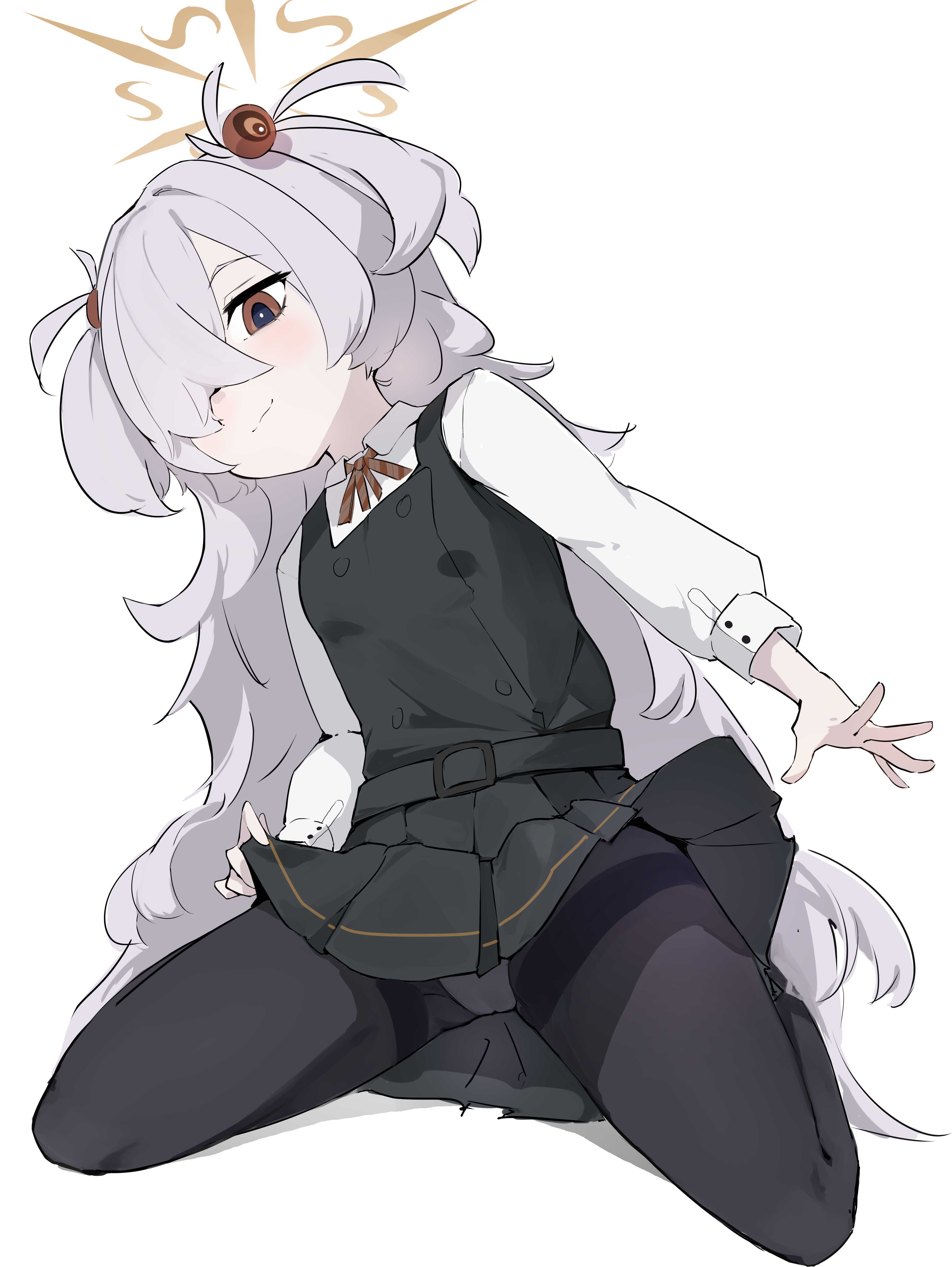 mi kan (1101515378), kanoe (blue archive), blue archive, absurdres, commentary, highres, making-of available, painttool sai (medium), 1girl, :3, black pantyhose, blush, breasts, brown eyes, brown halo, brown ribbon, buttoned cuffs, buttons, closed mouth, collared shirt, diagonal-striped ribbon, dress, full body, green dress, grey hair, hair ornament, hair over one eye, halo, leaning to the side, long hair, long sleeves, looking at viewer, neck ribbon, panties, panties under pantyhose, pantyhose, pinafore dress, pleated dress, puffy long sleeves, puffy sleeves, ribbon, shadow, shirt, simple background, sitting, sleeveless, sleeveless dress, small breasts, smile, solo, striped ribbon, thighband pantyhose, two side up, underwear, very long hair, white background, white shirt