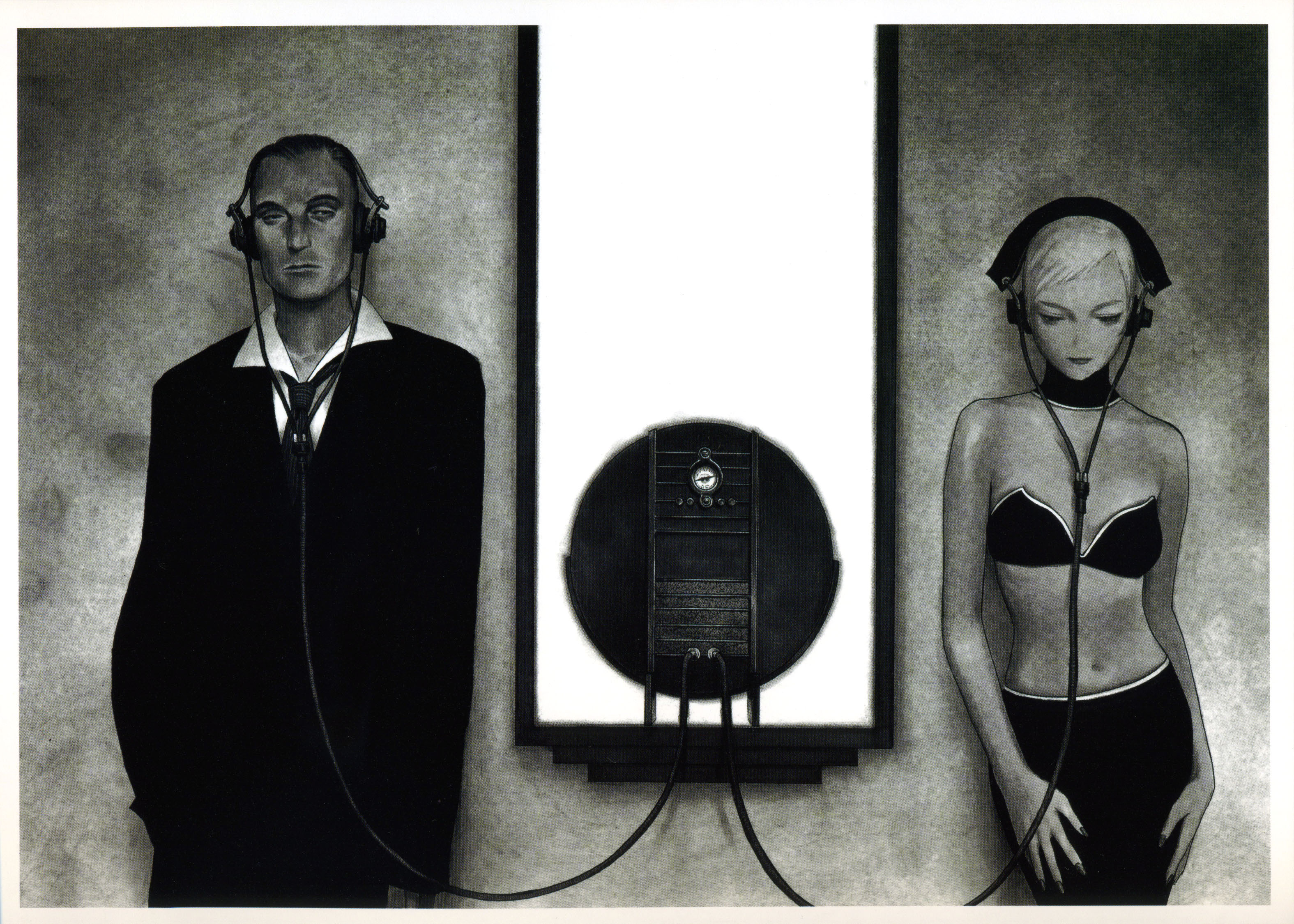 murata range, highres, 1boy, 1girl, greyscale, headphones, monochrome, realistic
