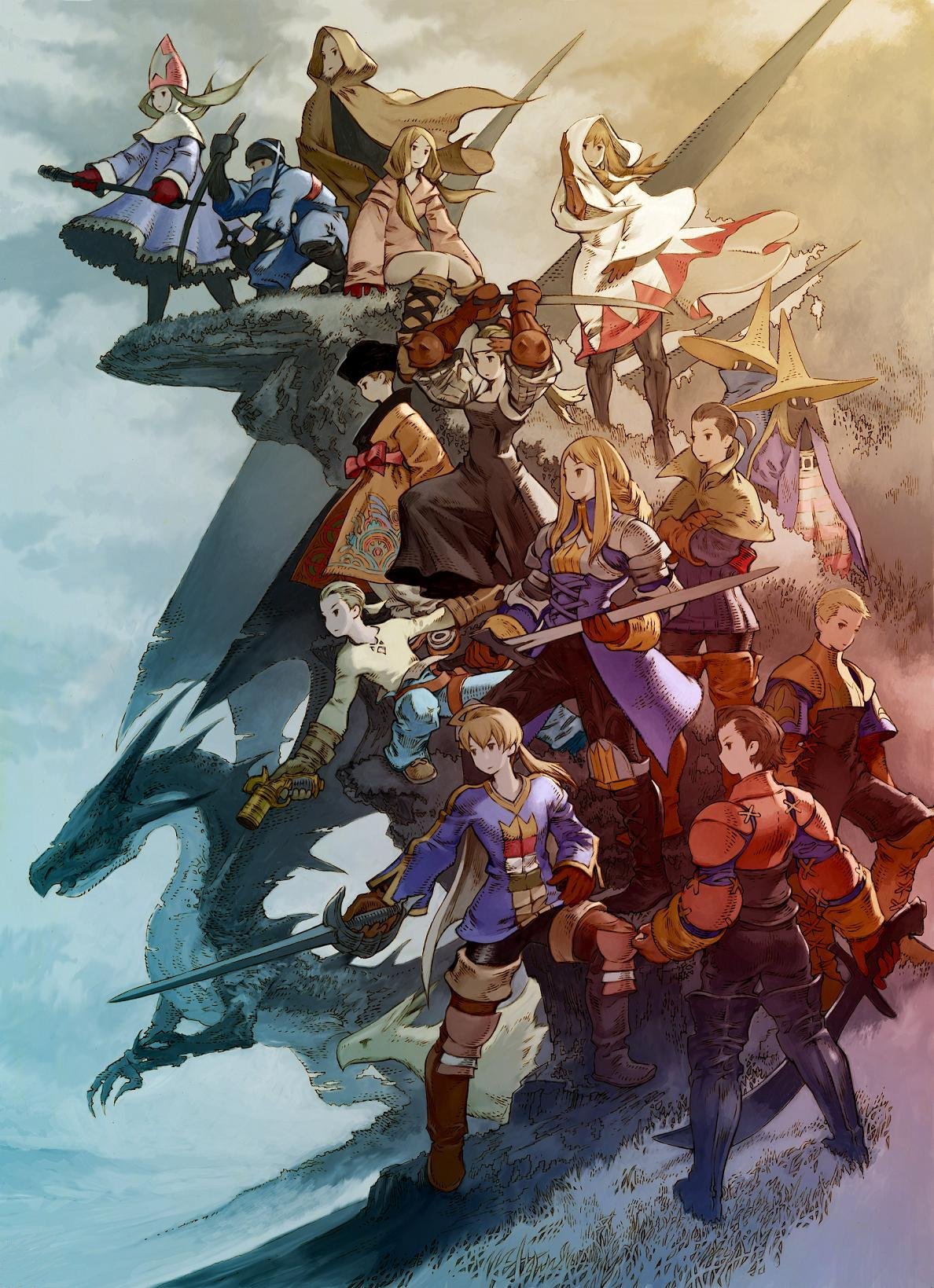 yoshida akihiko, agrias oaks, alma beoulve, archer (fft), argath thadalfus, black mage (fft), black mage (final fantasy), chemist (fft), chocobo, cidolfus orlandeau, delita heiral, geomancer (fft), knight (fft), monk (fft), mustadio bunansa, mystic (fft), ninja (fft), orran durai, ovelia atkascha, ramza beoulve, samurai (fft), squire (fft), summoner (fft), time mage, time mage (fft), white mage (fft), white mage (final fantasy), final fantasy, final fantasy tactics, black mage, white mage, annotated, highres, official art, 1990s (style), 5girls, 6+boys, armor, blonde hair, boots, braid, brown hair, cape, dragon, dual wielding, everyone, hat, holding, hood, katana, multiple boys, multiple girls, rapier, retro artstyle, robe, shuriken, single braid, spikes, staff, sword, weapon, witch hat