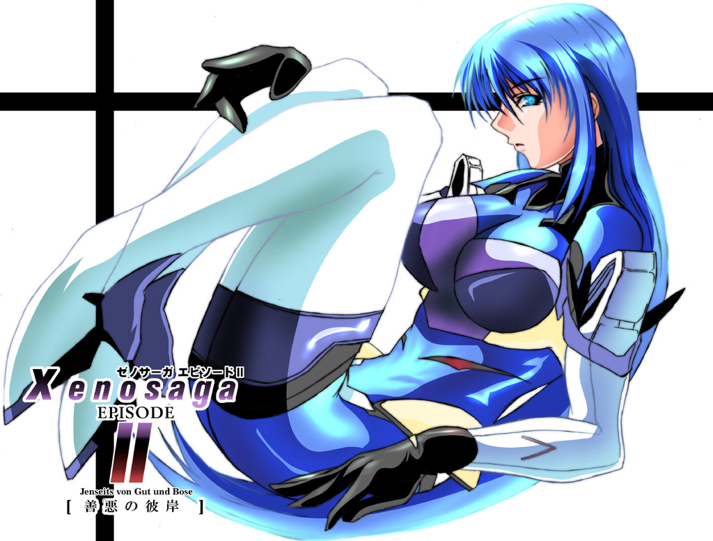 kos-mos, xenosaga, xenosaga episode ii, 00s, 1girl, blue eyes, blue hair, breasts, female focus, gloves, large breasts, leg up, legs, long hair, long legs, matching hair/eyes, solo, thighhighs, thighs