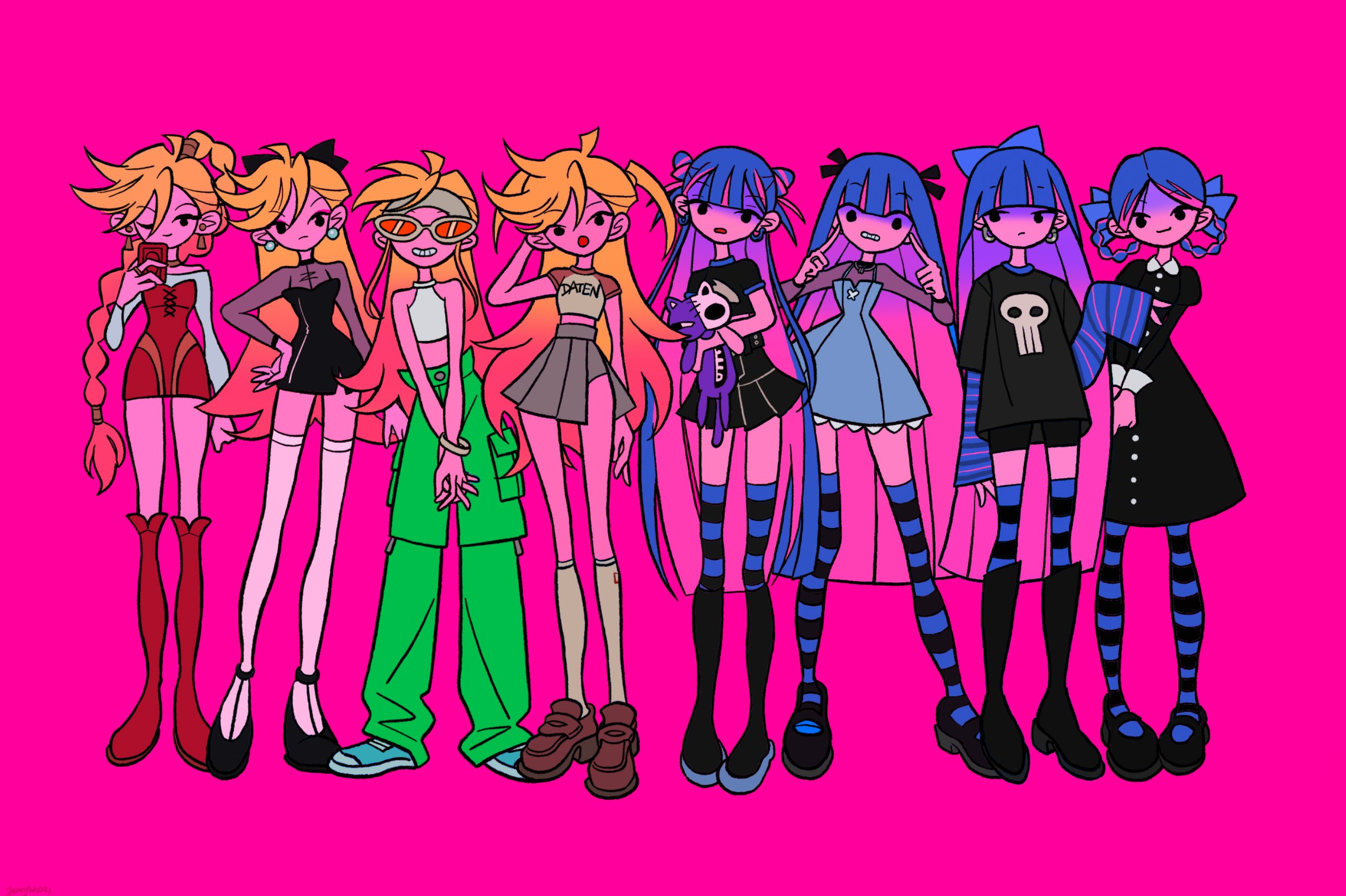 jenny kaori, honekoneko (psg), panty (psg), stocking (psg), panty & stocking with garterbelt, commentary request, highres, official art, 6+girls, ahoge, alternate costume, alternate hairstyle, aqua dress, aqua pants, aqua shoes, arm at side, arm behind head, asymmetrical bangs, black boots, black dress, black eyes, black shirt, black shoes, black shorts, black skirt, black thighhighs, blonde hair, blue hair, blue sleeve cuffs, blue sleeves, blue theme, blunt bangs, blunt ends, boots, bow, braid, braided ponytail, brown boots, brown dress, brown shoes, buttons, cargo pants, center-flap bangs, closed mouth, collared dress, colored inner hair, colored skin, cropped shirt, cross-laced clothes, cross-laced dress, double bun, dress, dress shoes, dual persona, earrings, emo fashion, english text, eyeshadow, facing viewer, fashion, flat color, flats, frown, full body, gold choker, goth fashion, gradient hair, green pants, grey skirt, hair between eyes, hair bow, hair bun, hair ribbon, hair tubes, hair wings, half updo, hand on own hip, headband, high-waist pants, high ponytail, horizontal-striped sleeves, horizontal-striped thighhighs, interlocked fingers, jewelry, juliet sleeves, knee boots, lace, lace-trimmed dress, lace trim, layered sleeves, legs apart, loafers, long shirt, long sidelocks, long sleeves, looking at viewer, looking to the side, makeup, mary janes, midriff, miniskirt, multicolored hair, multiple girls, neon palette, off-shoulder shirt, off shoulder, official alternate costume, official alternate hairstyle, one eye closed, open mouth, orange-tinted eyewear, own hands together, pants, parted bangs, partially shaded face, pearl earrings, penny loafers, peter pan collar, pink background, pink eyeshadow, pink hair, pink skin, pleated skirt, pointing, pointing at self, ponytail, print shirt, puffy sleeves, punk, raglan sleeves, raised eyebrows, red sleeves, ribbon, ring, ringer t-shirt, see-through clothes, see-through sleeves, shirt, shoes, short dress, short over long sleeves, short sleeves, shorts, siblings, side-by-side, sidelocks, silver earrings, simple background, single bracelet, single hair tube, sisters, skinny, skirt, skull print, sleeve cuffs, sleeveless, sleeveless shirt, sleeves past wrists, smile, sneakers, solid circle eyes, spaghetti strap, standing, stitches, strapless, strapless dress, streetwear, stuffed animal, stuffed cat, stuffed toy, sunglasses, t-shirt, teeth, thighhighs, tinted eyewear, triangle earrings, twintails, white-framed eyewear, white headband, white shirt, white sleeve cuffs, white sleeves, white thighhighs