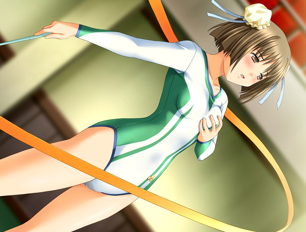 zatou, shintaisou, game cg, 00s, 1girl, blush, bob cut, breasts, brown eyes, brown hair, bun cover, double bun, dutch angle, female focus, grabbing another's breast, grabbing own breast, groping, gym, gymnastics, hair bun, leotard, rhythmic gymnastics, ribbon, ribbon baton, short hair, small breasts, solo