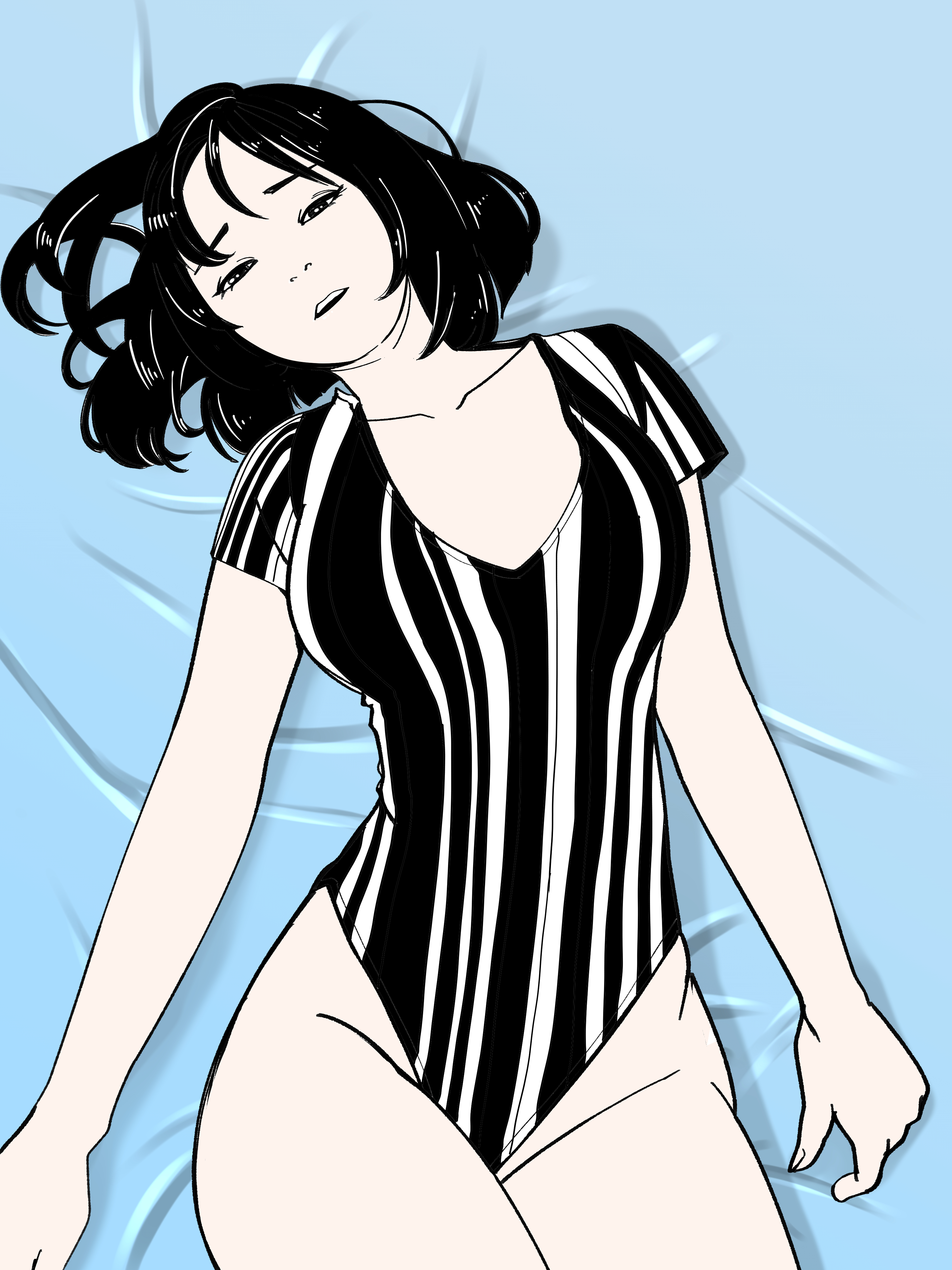 sakamoto giulietta, original, absurdres, commentary, highres, 1girl, breasts, collarbone, greyscale with colored background, groin, looking at viewer, lying, on back, one-piece swimsuit, parted lips, short hair, sleeved one-piece swimsuit, solo, striped clothes, striped one-piece swimsuit, swimsuit