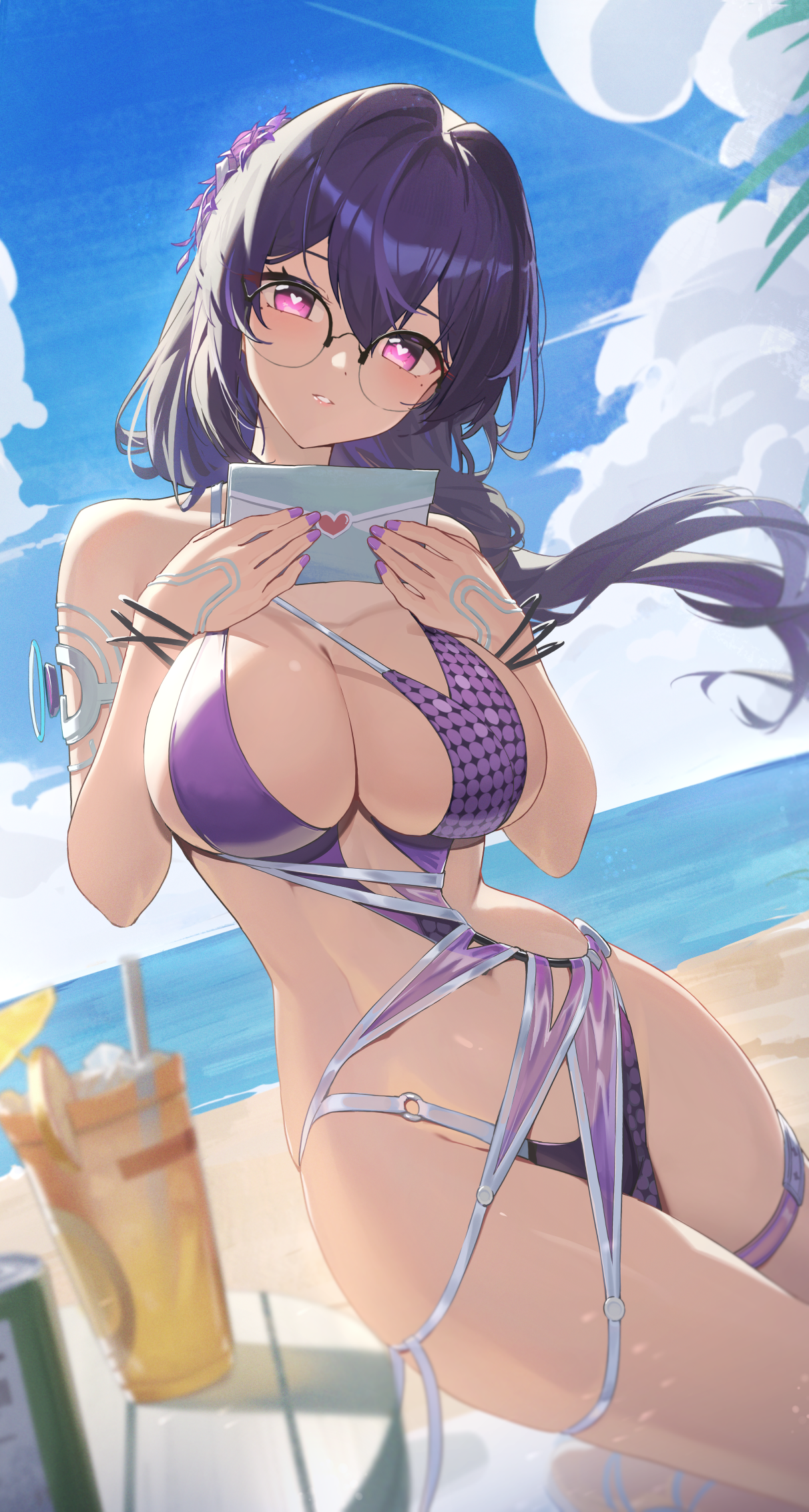 reulem, vidya shannon, snowbreak: containment zone, highres, 1girl, bikini, black-framed eyewear, blue hair, blue sky, blush, breasts, cleavage, cloud, cloudy sky, cup, day, drinking straw, envelope, fingernails, glasses, hair intakes, heart, heart-shaped pupils, holding, holding envelope, impossible clothes, impossible swimsuit, large breasts, letter, looking at viewer, love letter, mole, mole under each eye, mole under eye, multiple moles, nail polish, navel, o-ring, o-ring bikini, ocean, purple eyes, purple hair, purple nails, purple streaks, semi-rimless eyewear, simple background, sky, solo, swimsuit, symbol-shaped pupils, tropical drink, white background