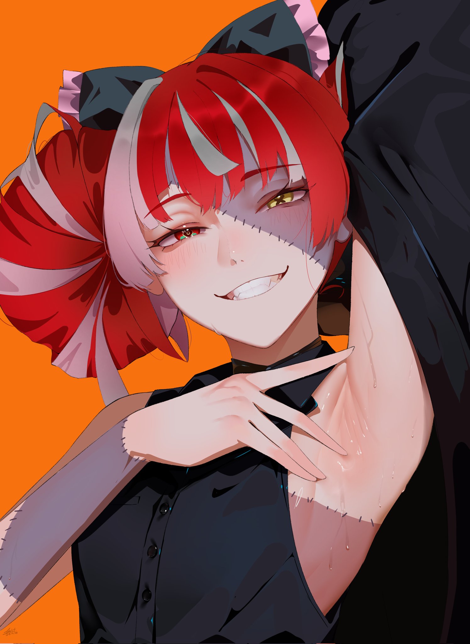 aou13093, kureiji ollie, hololive, hololive indonesia, commentary, commission, corrupted twitter file, english commentary, highres, second-party source, 1girl, arm up, armpit focus, armpits, bare shoulders, black jacket, black shirt, blush, bow, colored skin, dated, double bun, flat chest, grey hair, grey skin, grin, hair bow, hair bun, heterochromia, jacket, long hair, looking at viewer, multicolored hair, multicolored skin, orange background, patchwork skin, red eyes, red hair, shirt, signature, simple background, sleeveless, sleeveless shirt, smile, solo, spread armpit, stitched arm, stitched face, stitched torso, stitches, sweat, symbol-shaped pupils, two-tone skin, upper body, virtual youtuber, x-shaped pupils, yellow eyes, zombie
