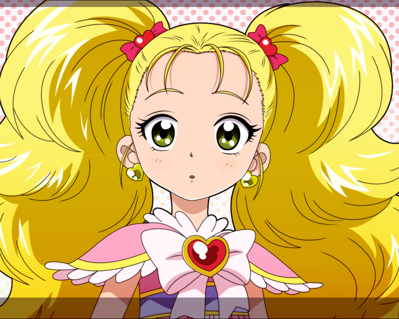 kujou hikari, shiny luminous, futari wa precure, futari wa precure max heart, precure, non-web source, 00s, 1girl, blonde hair, brooch, earrings, eyelashes, female focus, green eyes, heart, heart brooch, jewelry, polka dot, polka dot background, ribbon, solo, twintails