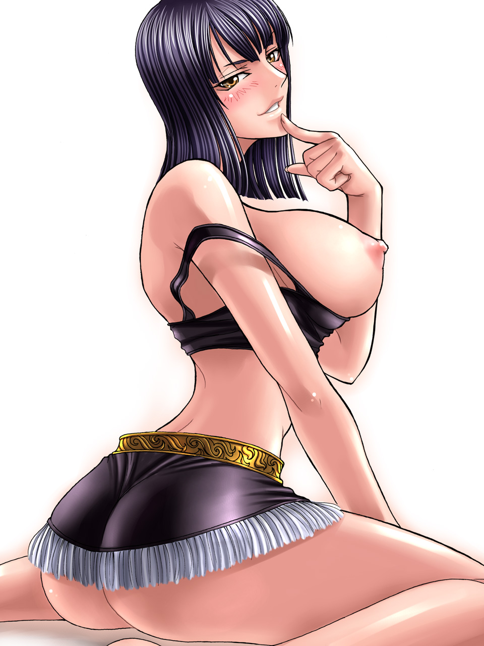 kagami hirotaka, nico robin, nico robin (whisky peak), one piece, highres, 1girl, ass, back, bare shoulders, barefoot, black hair, blush, breasts, female focus, huge breasts, long hair, looking at viewer, looking back, midriff, miniskirt, nipples, parted lips, short hair, simple background, sitting, skirt, smile, solo, strap slip, tank top, wariza, white background, yellow eyes