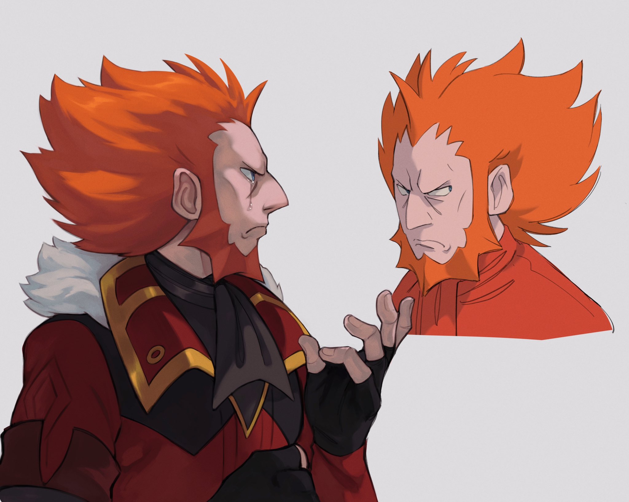 lynn (daisiloou), lysandre (pokemon), lysandre (sygna suit) (pokemon), nintendo, pokemon, pokemon masters ex, pokemon xy, commentary, highres, 1boy, ascot, beard, black gloves, closed mouth, collared jacket, crying, facial hair, fingerless gloves, frown, gloves, jacket, long sleeves, looking to the side, male focus, multiple views, official alternate costume, orange hair, orange shirt, red jacket, shirt, short hair, tears