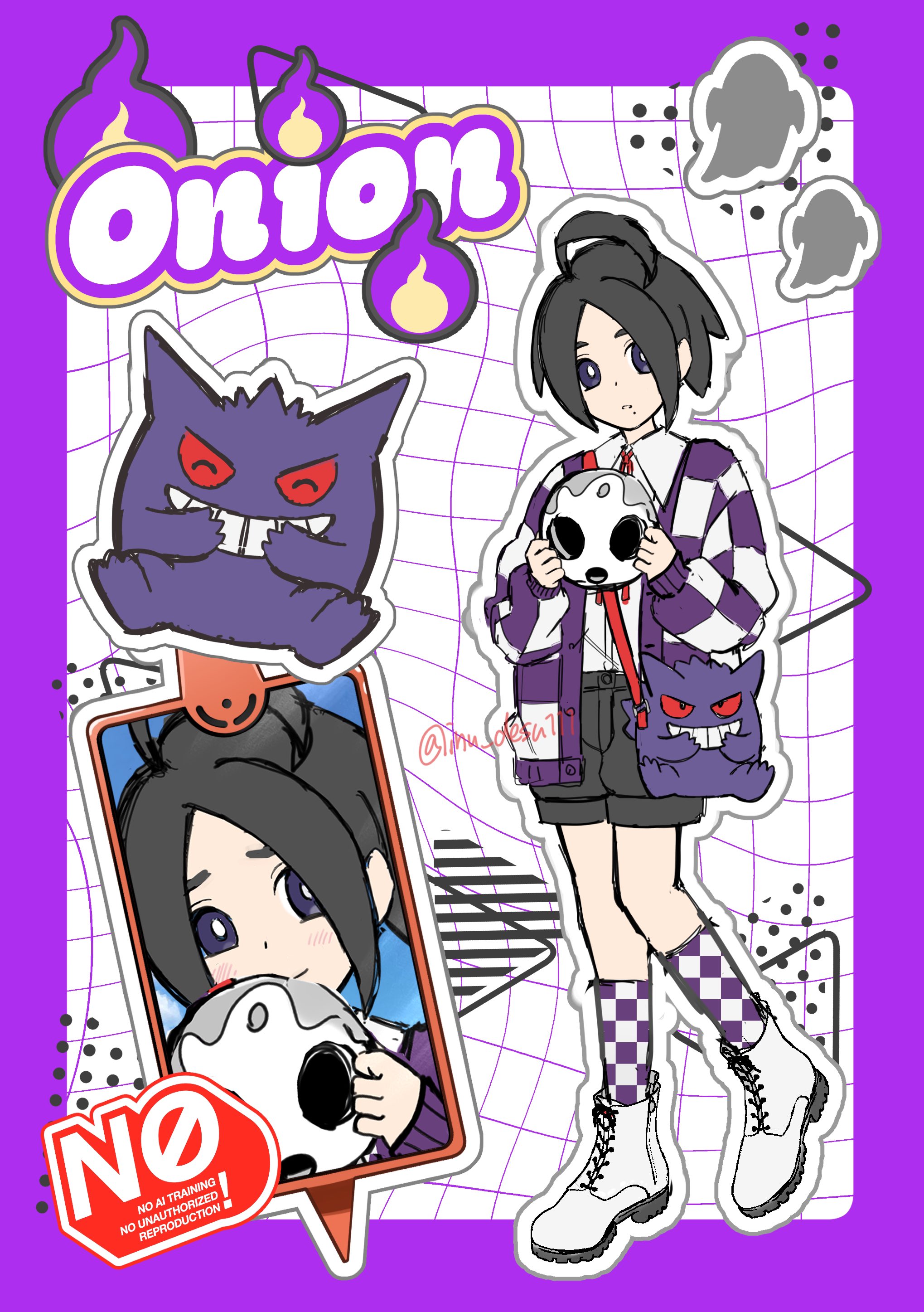 shiba (tonari no shiba inu), allister (pokemon), gengar, nintendo, pokemon, pokemon swsh, absurdres, commentary, highres, symbol-only commentary, 1boy, ahoge, alternate costume, bag, black hair, border, bright pupils, character name, checkered cardigan, checkered socks, closed mouth, collared shirt, gen 1 pokemon, holding, holding mask, looking at viewer, male focus, mask, mole, mole under mouth, pokemon (creature), purple border, shirt, shoes, short hair, shorts, shoulder bag, standing, twitter username, watermark, white pupils, white shirt, white shoes
