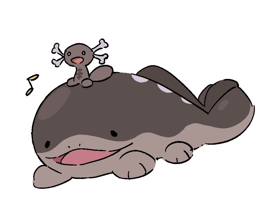xlii idk, clodsire, paldean wooper, nintendo, pokemon, commentary request, :d, black eyes, happy, musical note, no humans, open mouth, pokemon (creature), pokemon focus, simple background, smile, tongue, white background