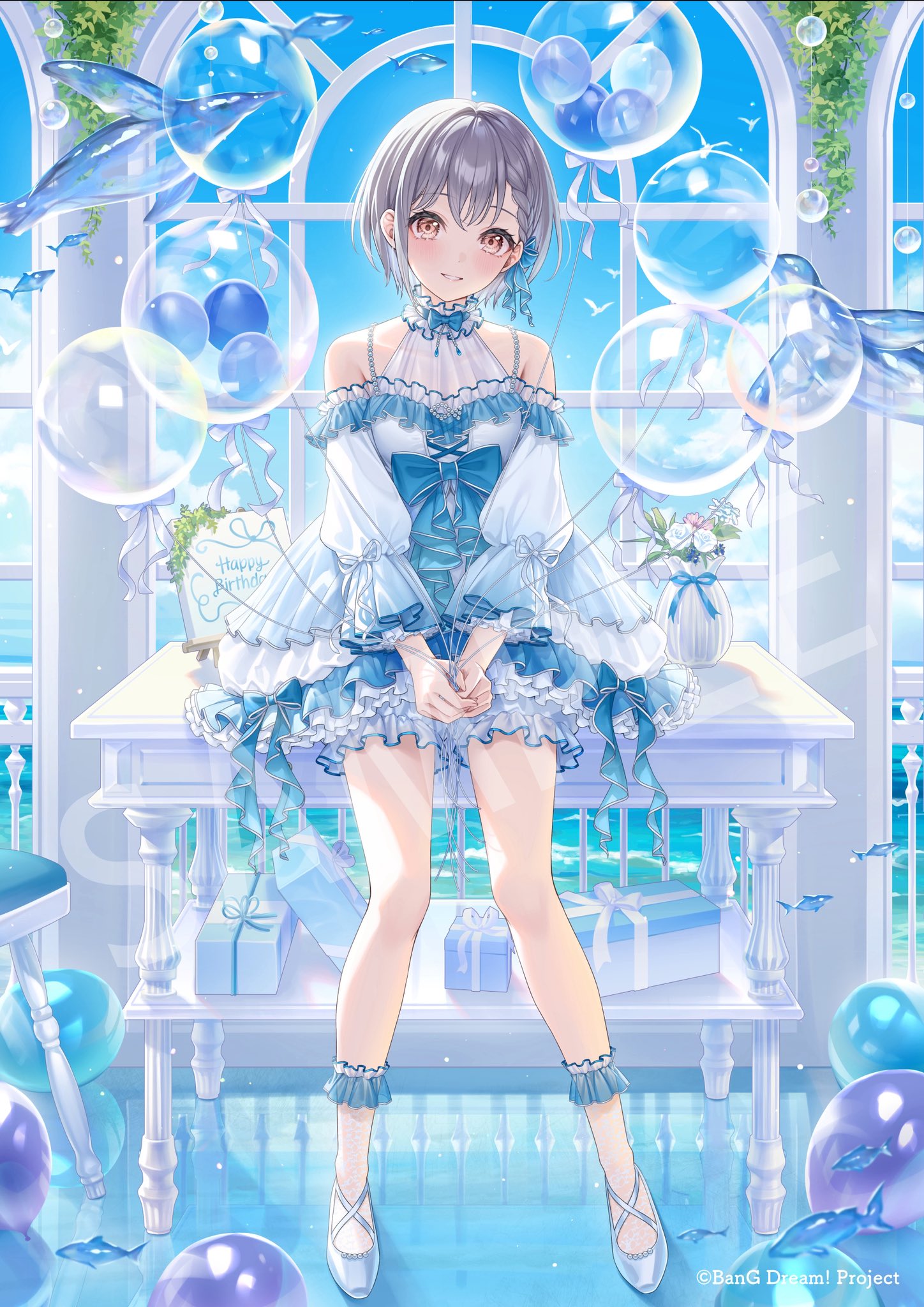 mairo, takamatsu tomori, bang dream!, bang dream! it's mygo!!!!!, highres, 1girl, balloon, blue bow, blue dress, bow, dress, full body, grey hair, guest art, open mouth, short hair