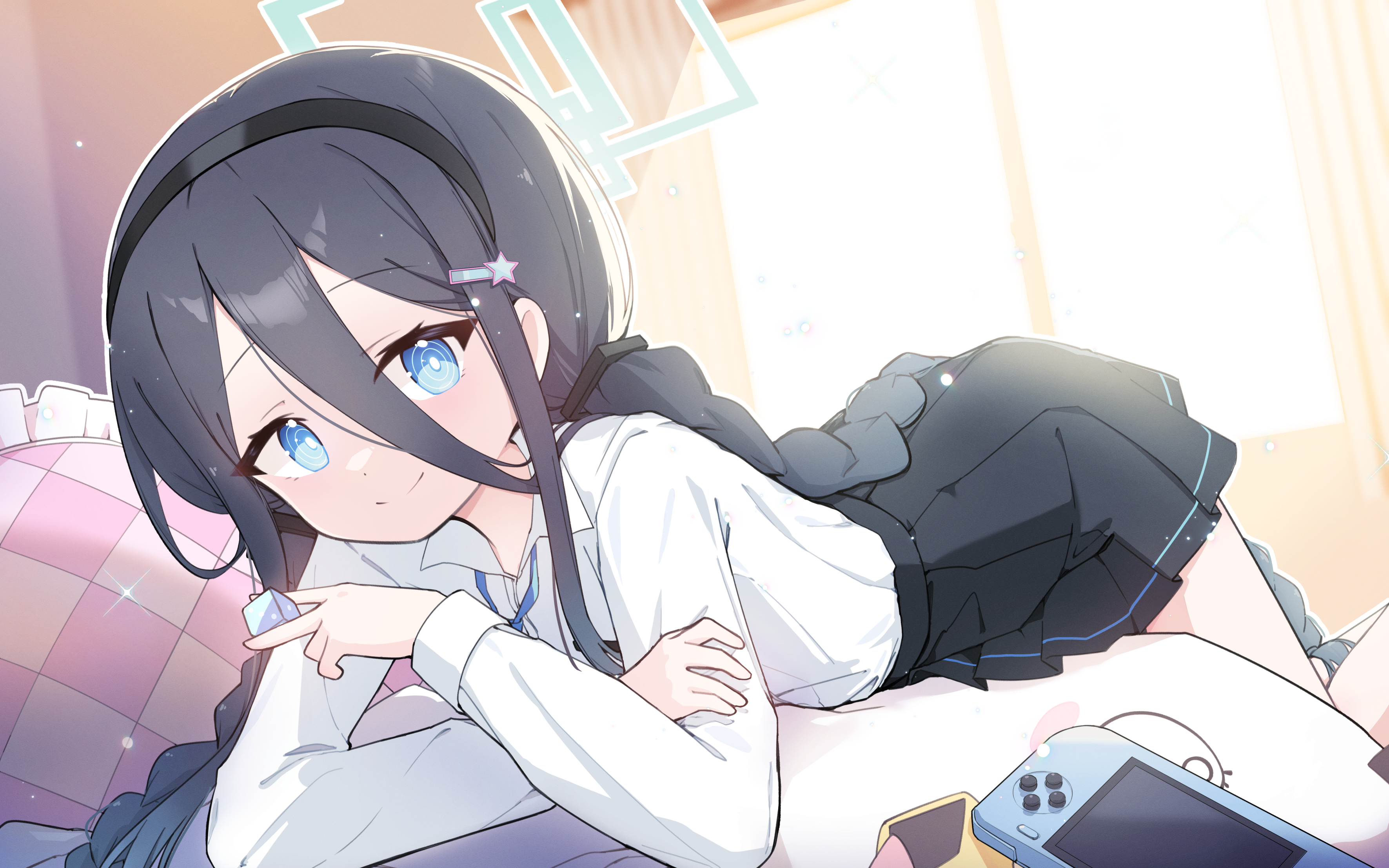 kurana (atlas), aris (blue archive), blue archive, absurdres, commentary, highres, 1girl, black hair, black hairband, black skirt, blue eyes, closed mouth, collared shirt, green halo, hair between eyes, hairband, halo, handheld game console, long hair, long sleeves, looking at viewer, lying, on stomach, pleated skirt, shirt, skirt, smile, solo, white shirt