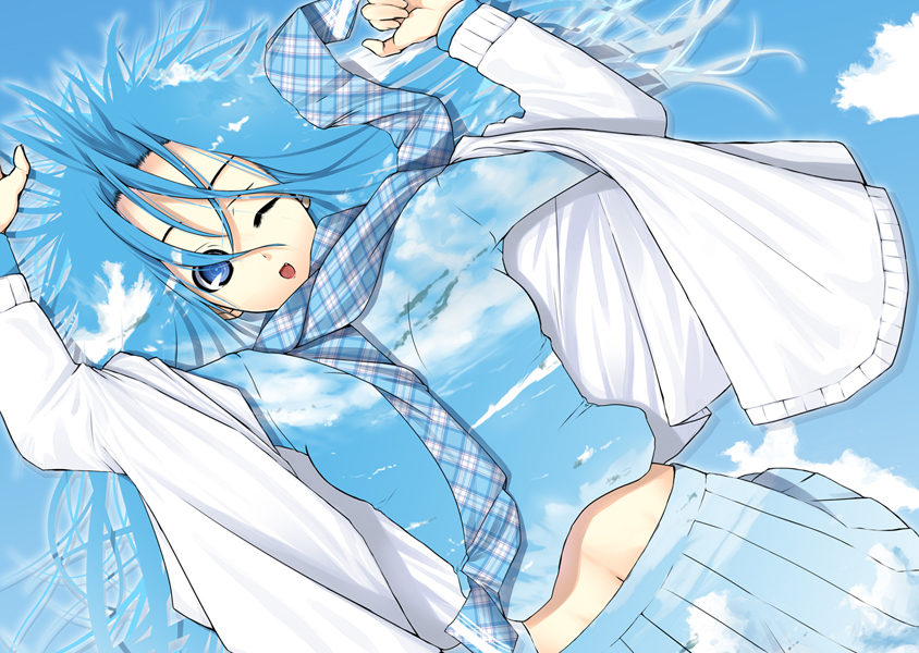 coach (artist), 1girl, blue eyes, cloud, day, female focus, lying, midriff, one eye closed, scarf, skirt, sky, solo, wink