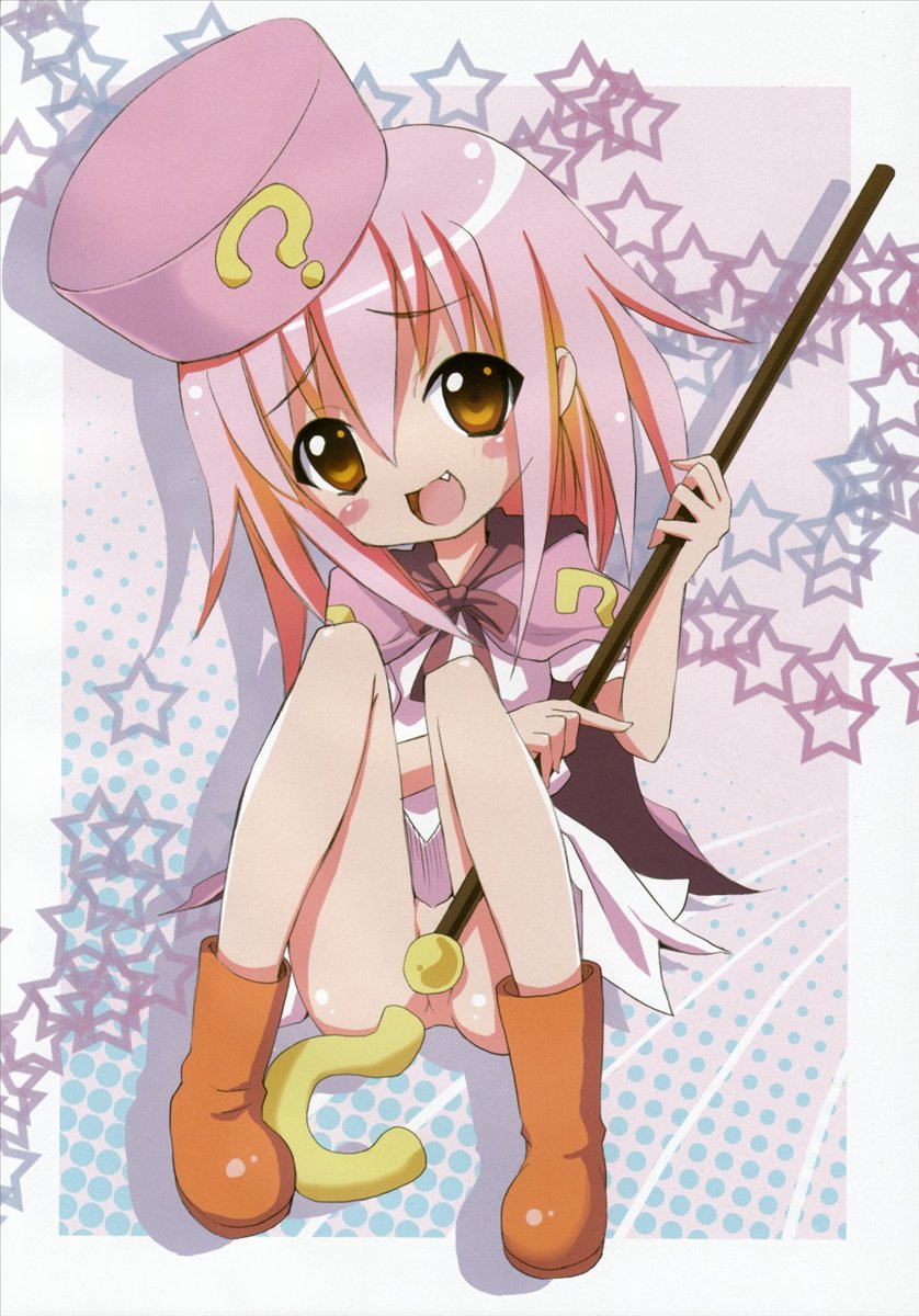 kishiri toworu, miyao ryuu, hatena yousei, benesse, silver hair, highres, 1girl, :d, ?, ankle boots, beret, boots, brown boots, convenient censoring, fang, female focus, hat, knees up, loli, looking at viewer, no panties, open mouth, pink hair, pink hat, red eyes, rod, short hair, smile, solo, staff, star (symbol)
